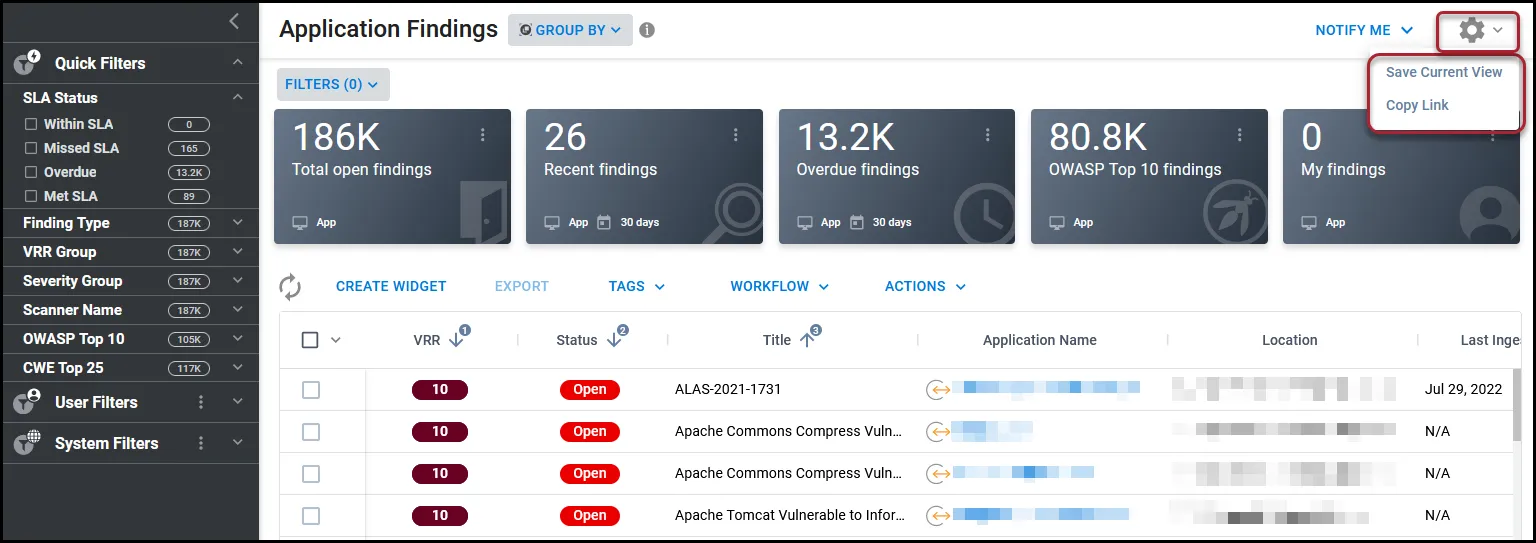 Location of the Page Settings gear and menu on the Application Findings page.