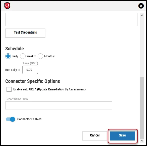 Qualys Vuln Connector - Schedule and Connector Specific Options
