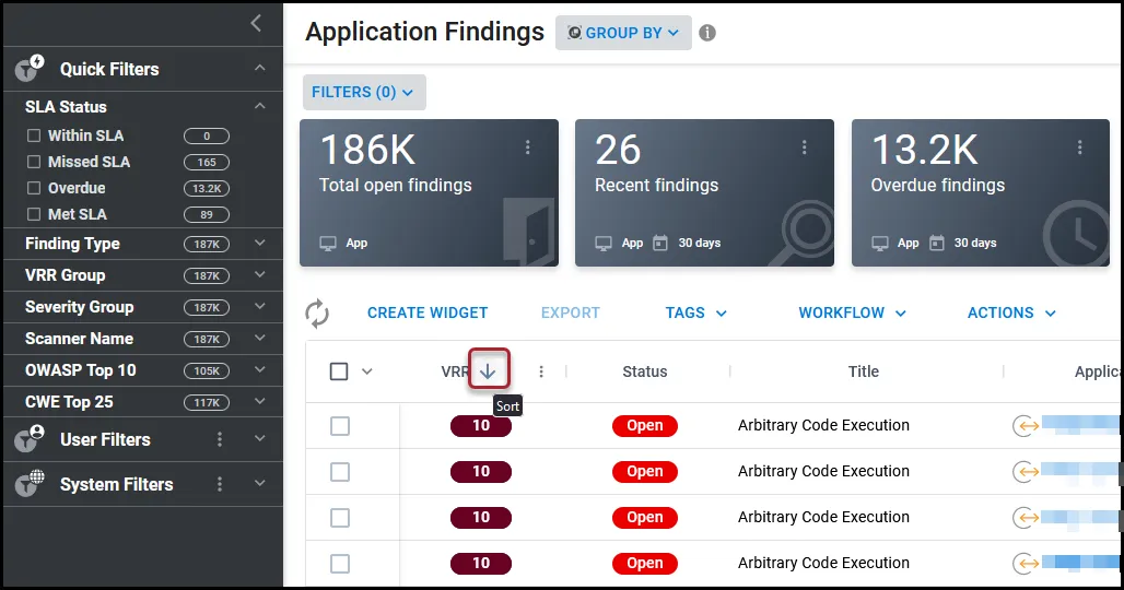 Location of the column sort arrow on the Application Findings page.
