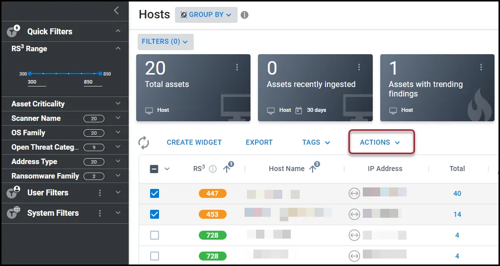 Location of the Actions button on the Hosts page.
