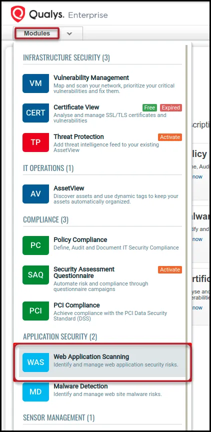 Qualys WAS - WAS Module Location - View