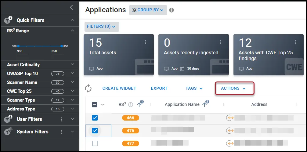Location of the Actions button on the Applications page.
