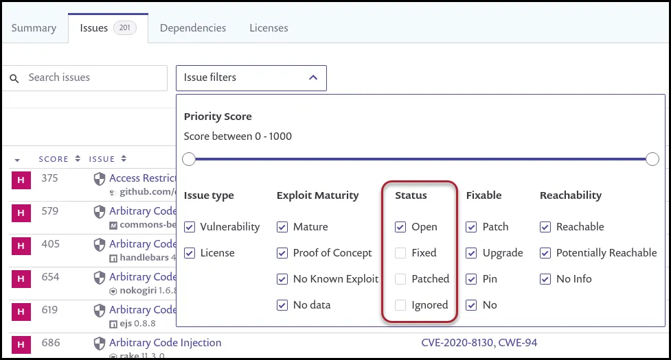 Snyk Export - Issue Filters Snyk Export - Issue Filters