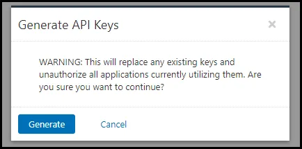 Nessus Connector - Generate API Keys Window Nessus Connector - Generate API Keys Window