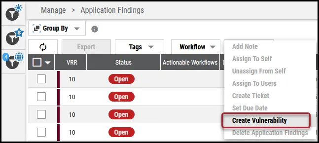 Creating Vulnerability - Create Vulnerability Menu Location
