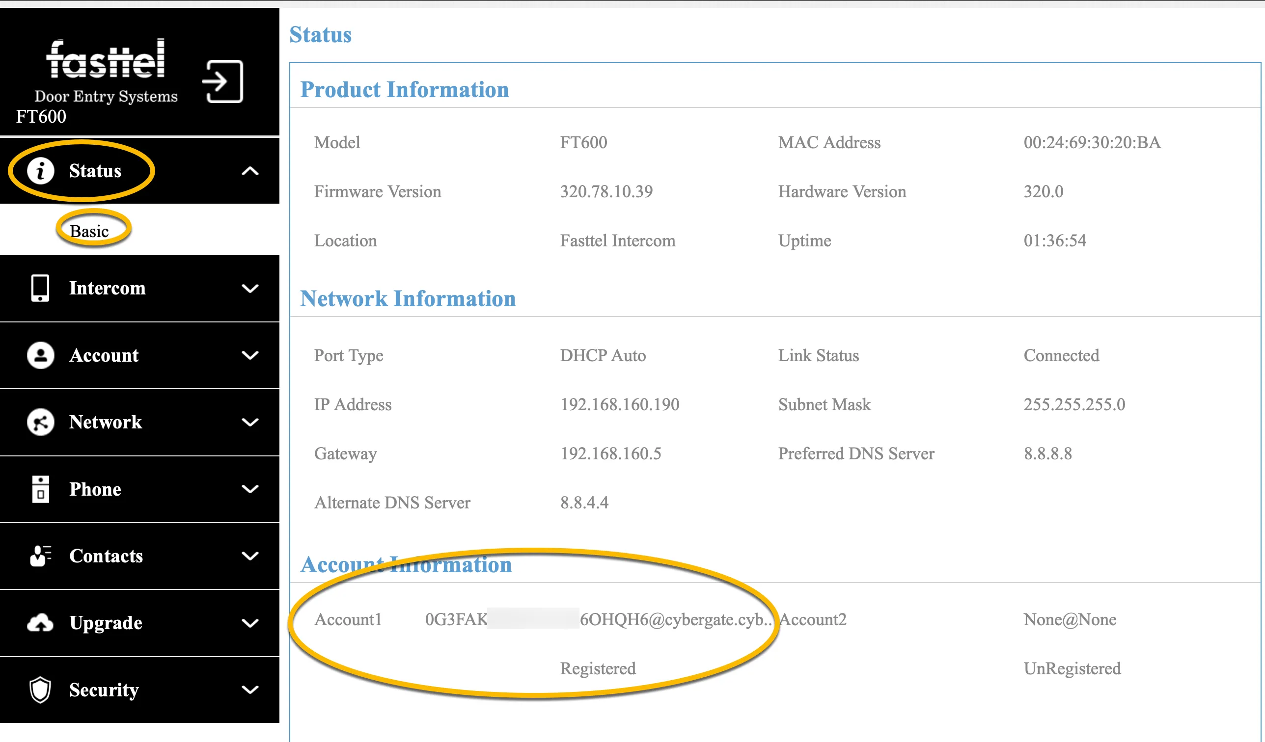 Fasttel FT600 - Status - Basic (successful registration)