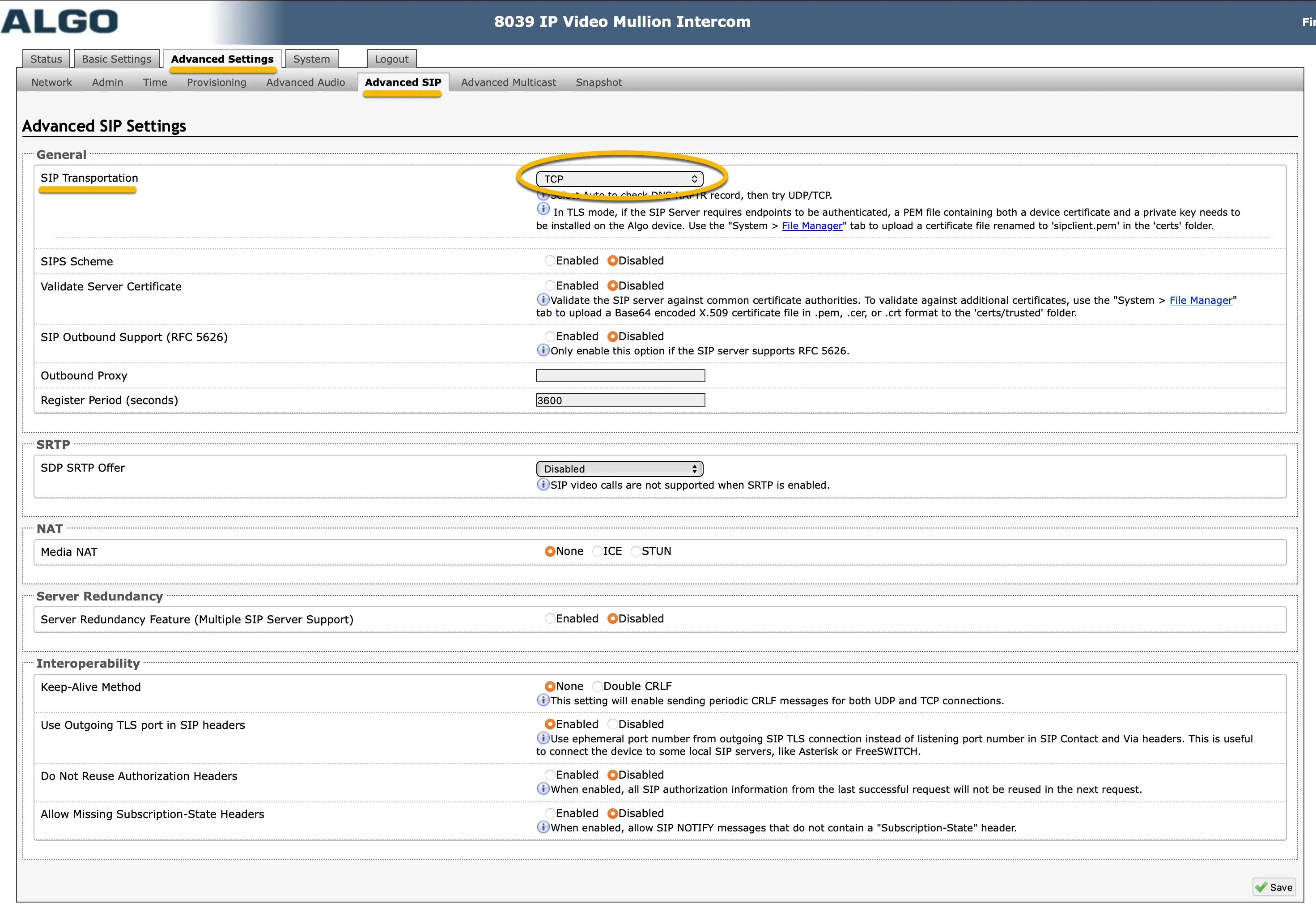 Algo - Advanced Settings - Advanced SIP