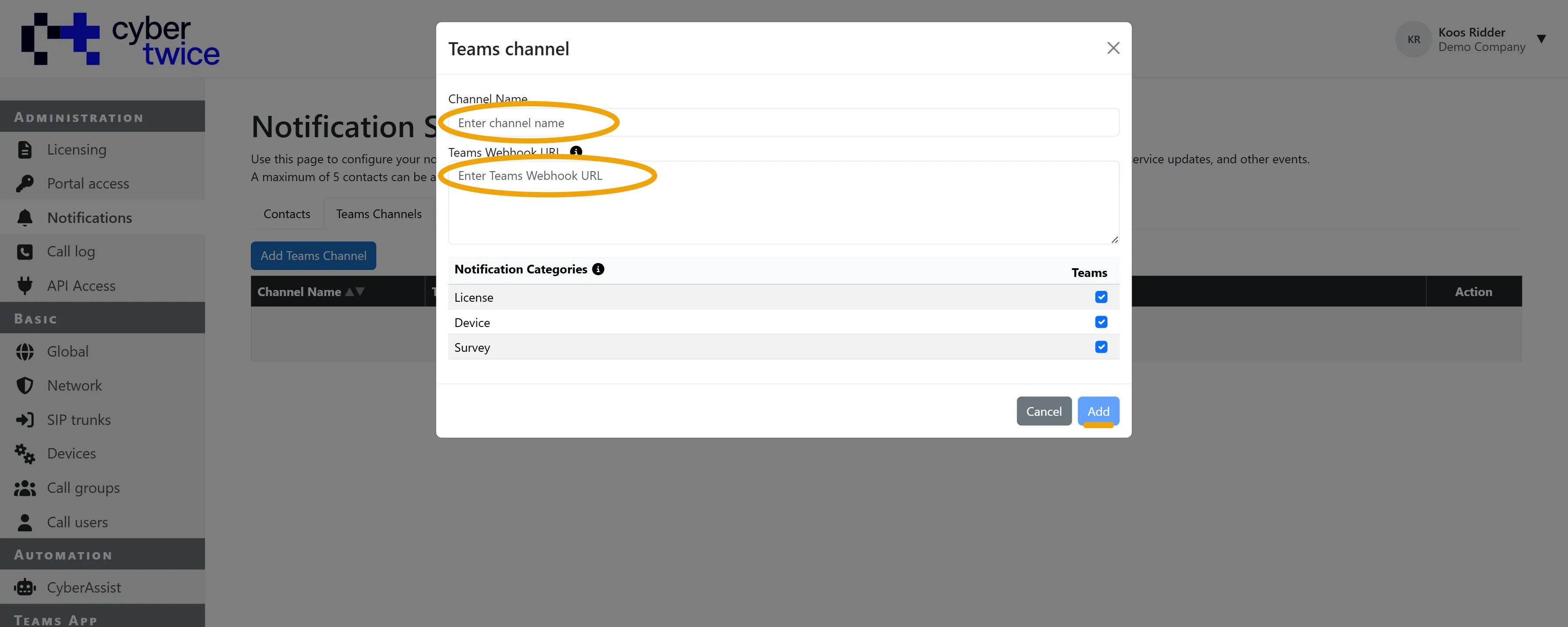 Administration - Notifications - Teams Channels - Add