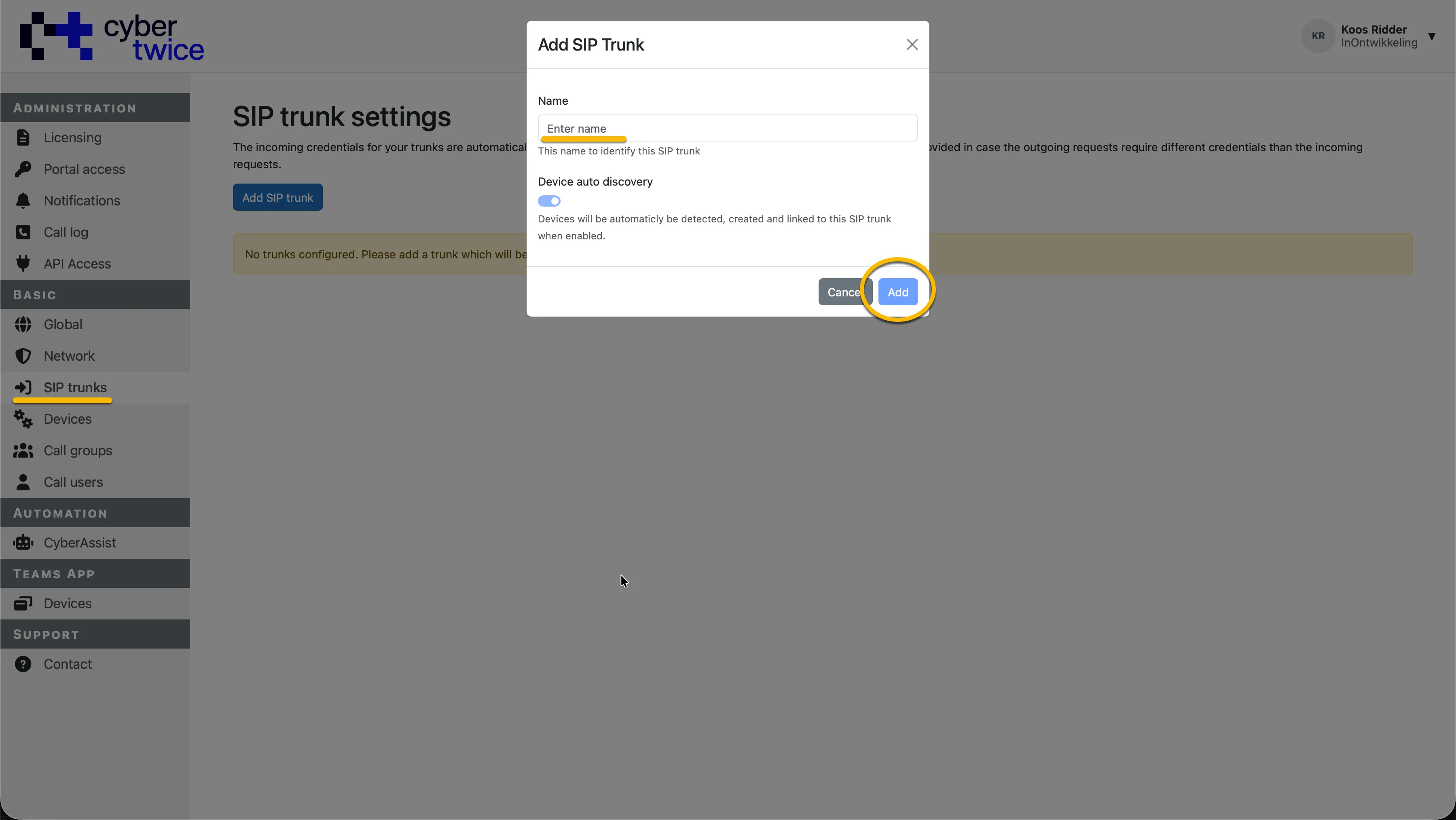 CyberGate Admin portal - Add trunk CyberGate Admin portal - Add trunk