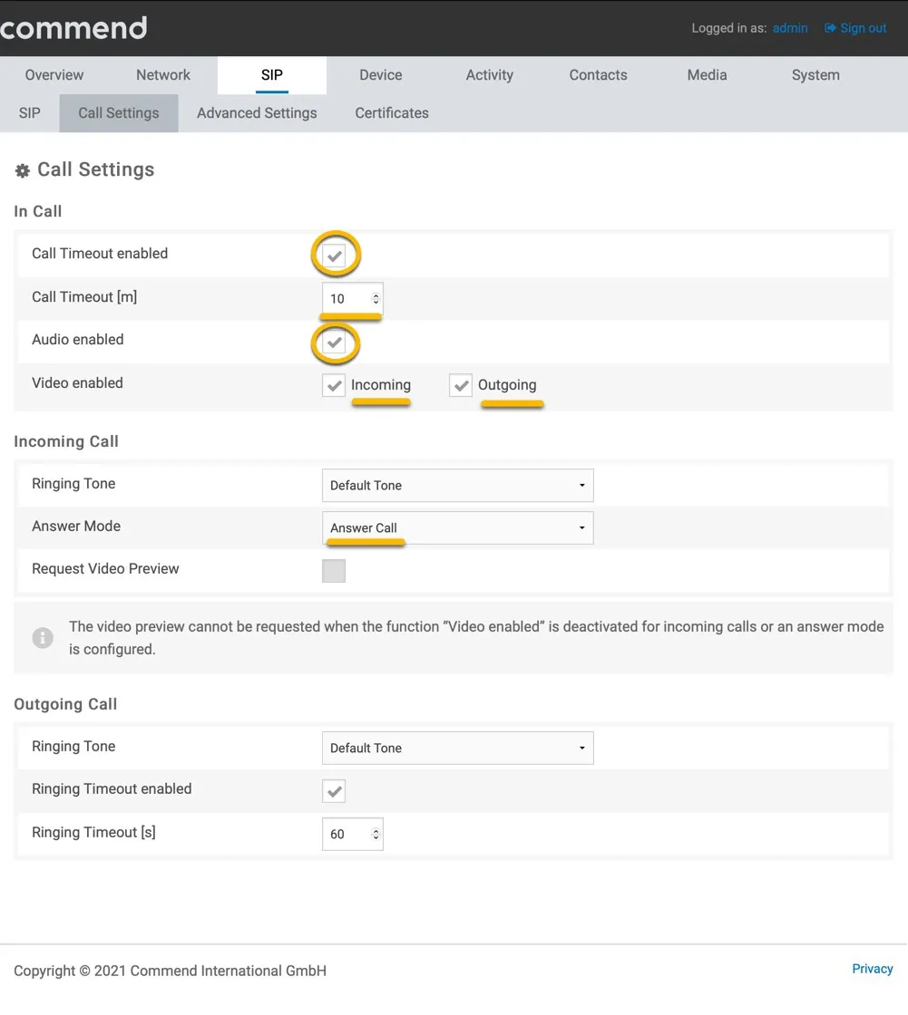 Commend - Call settings