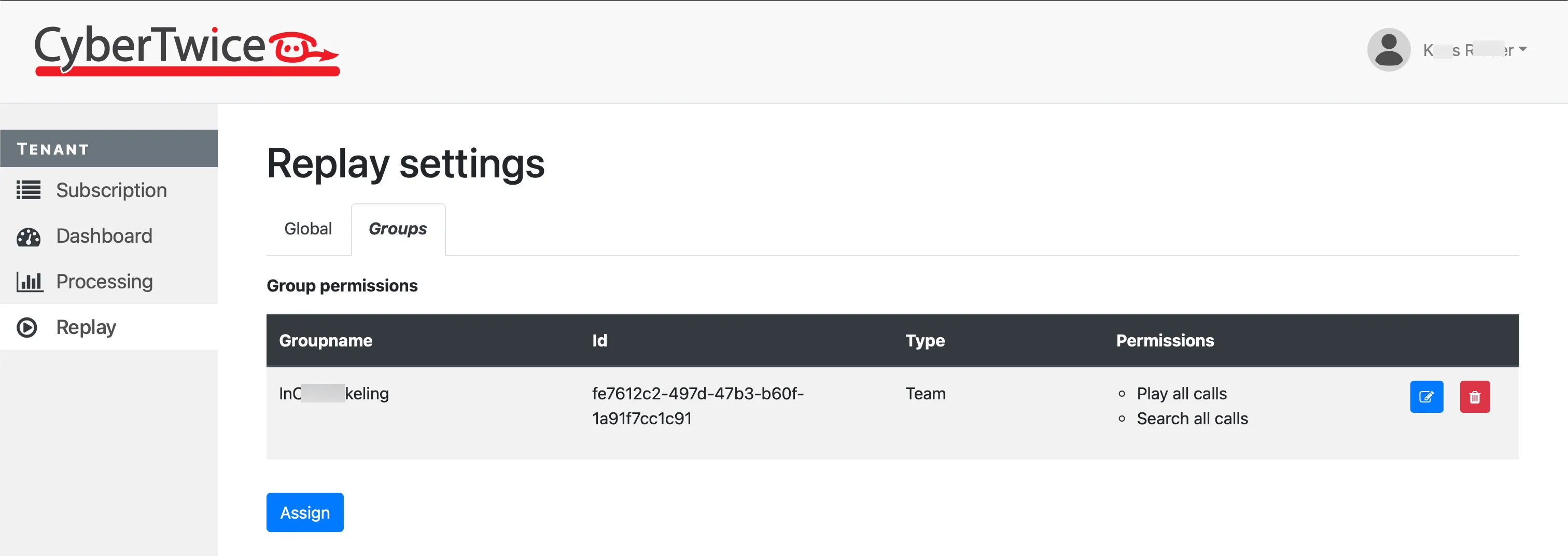 ATTEST management portal ‘Replay’ - ‘Groups’ tab, permissions assigned