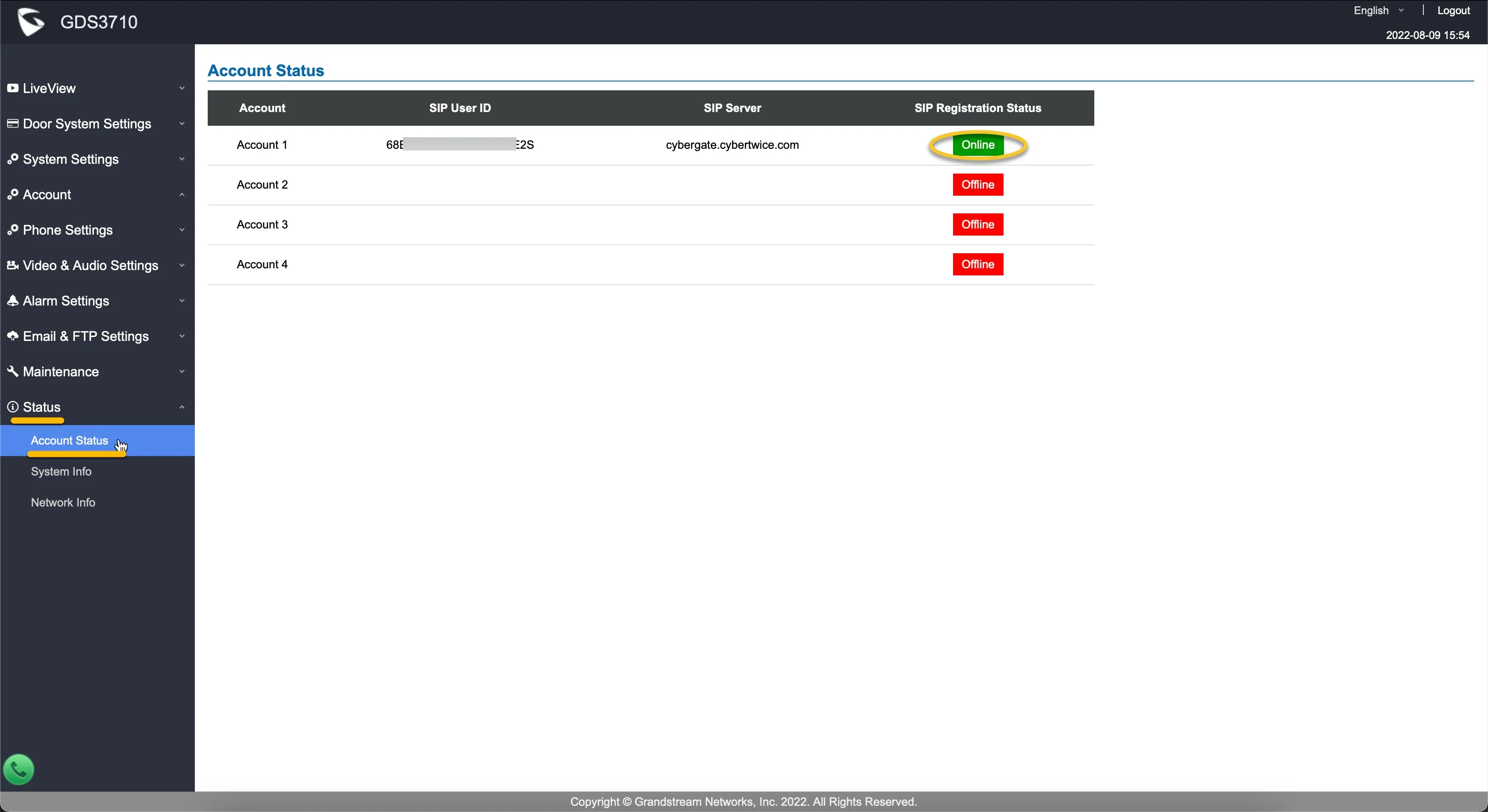 Grandstream - SIP status - Registered