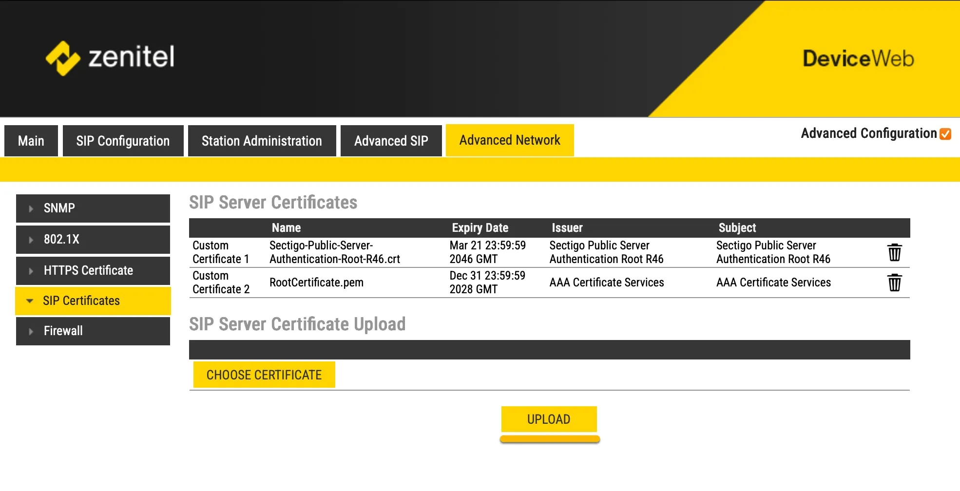 Zenitel - Advanced configuration - Upload certificate