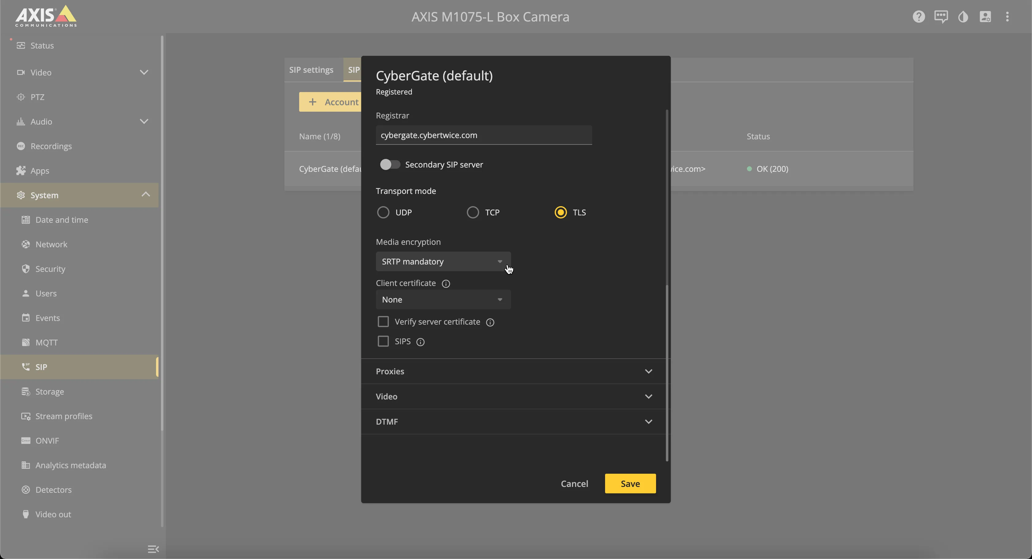 AXIS - SIP configuration TLS