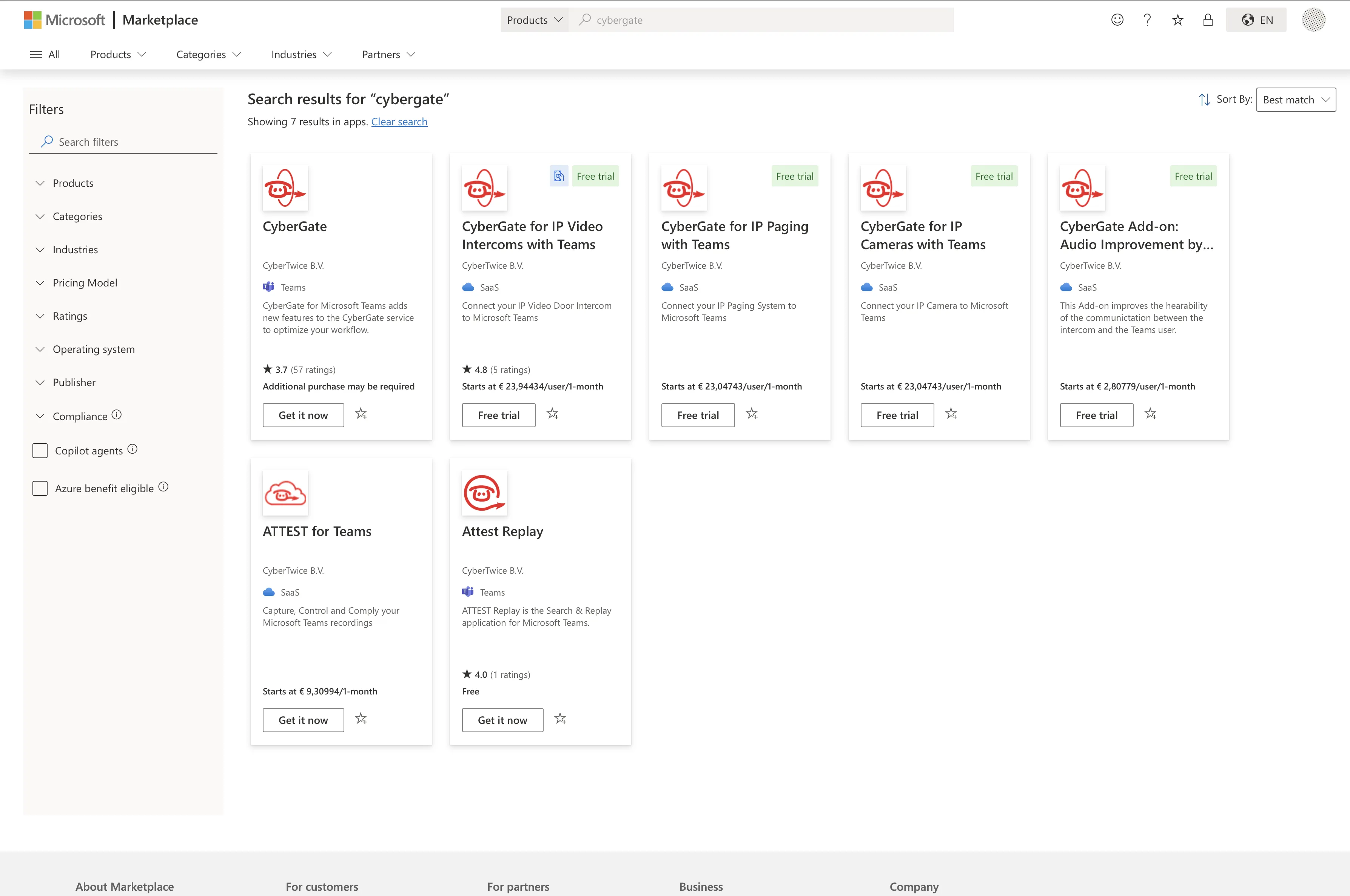 Marketplace and the search result for ‘cybergate’
