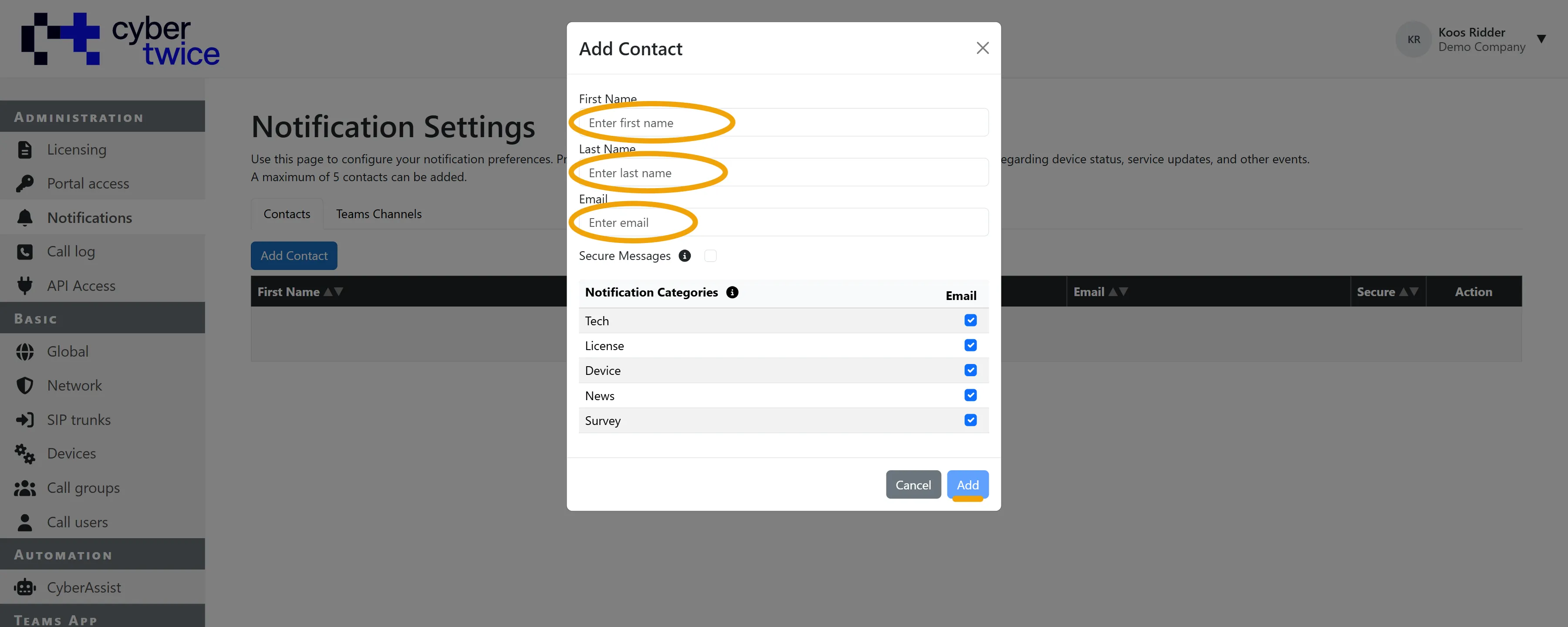 Administration - Notifications - Contacts - Add contact