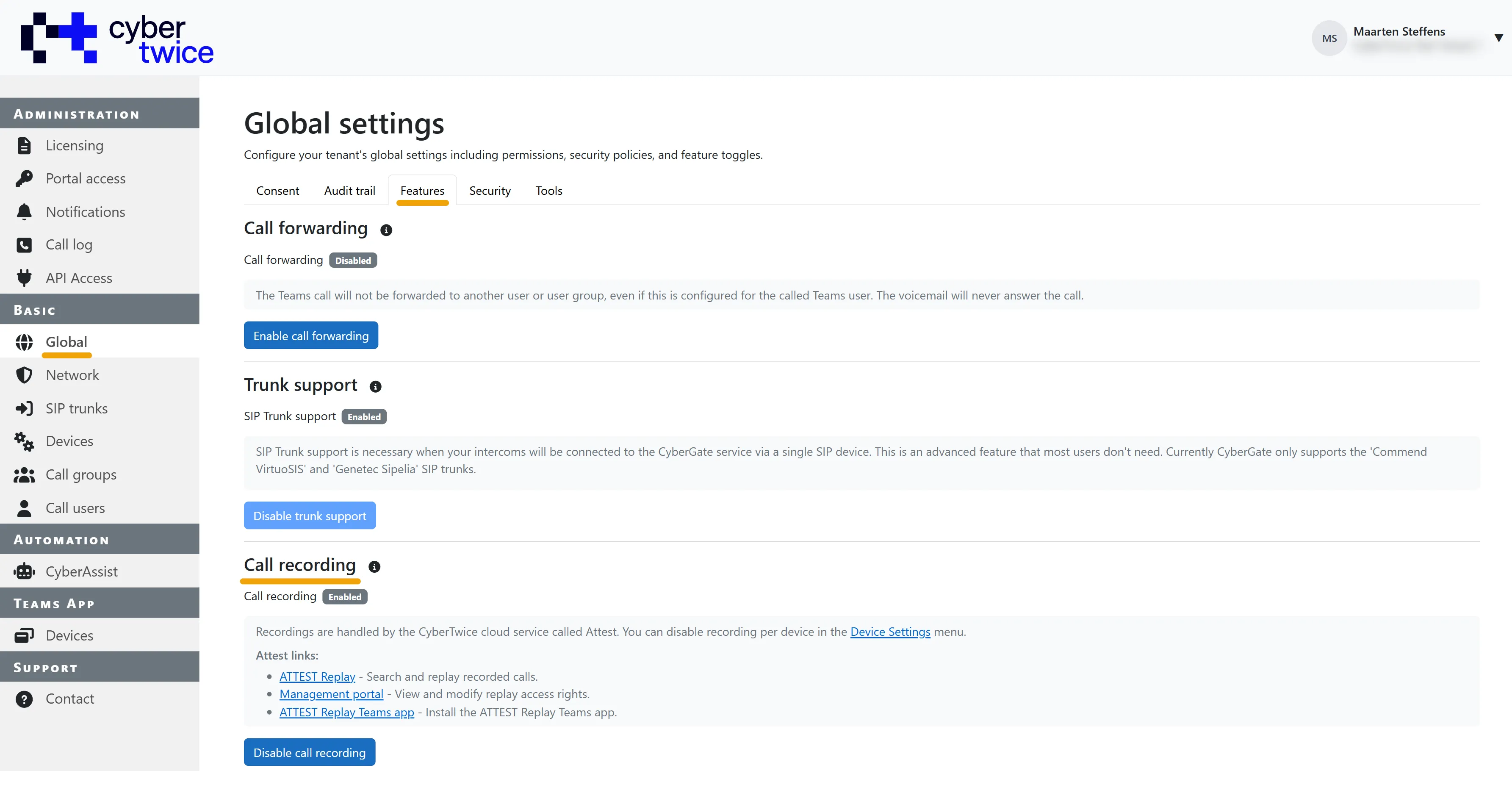 Basic - Global - Features - Call recording enabled successfully
