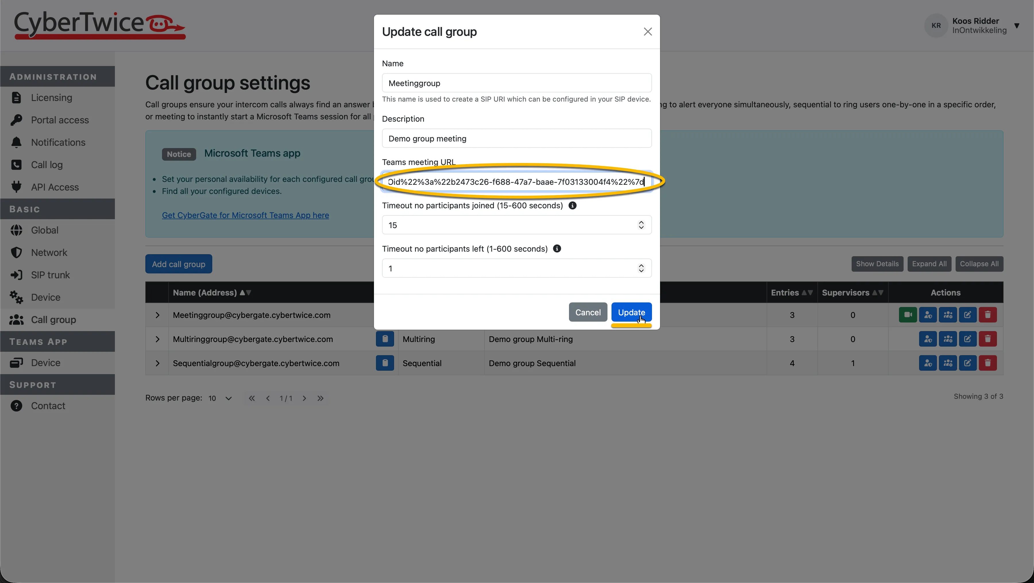 CyberGate Management Portal - Call group - paste URL