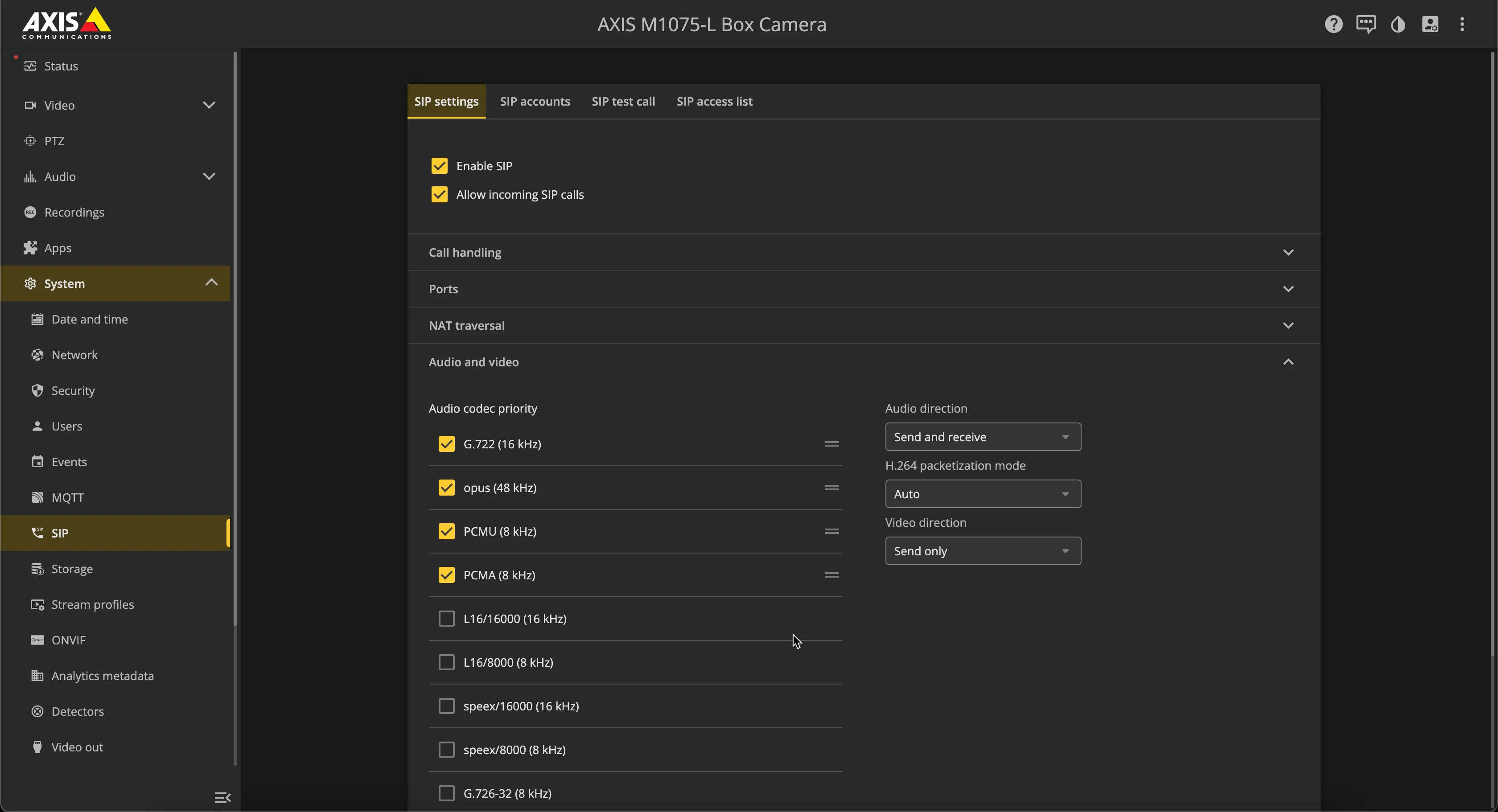 AXIS - SIP settings