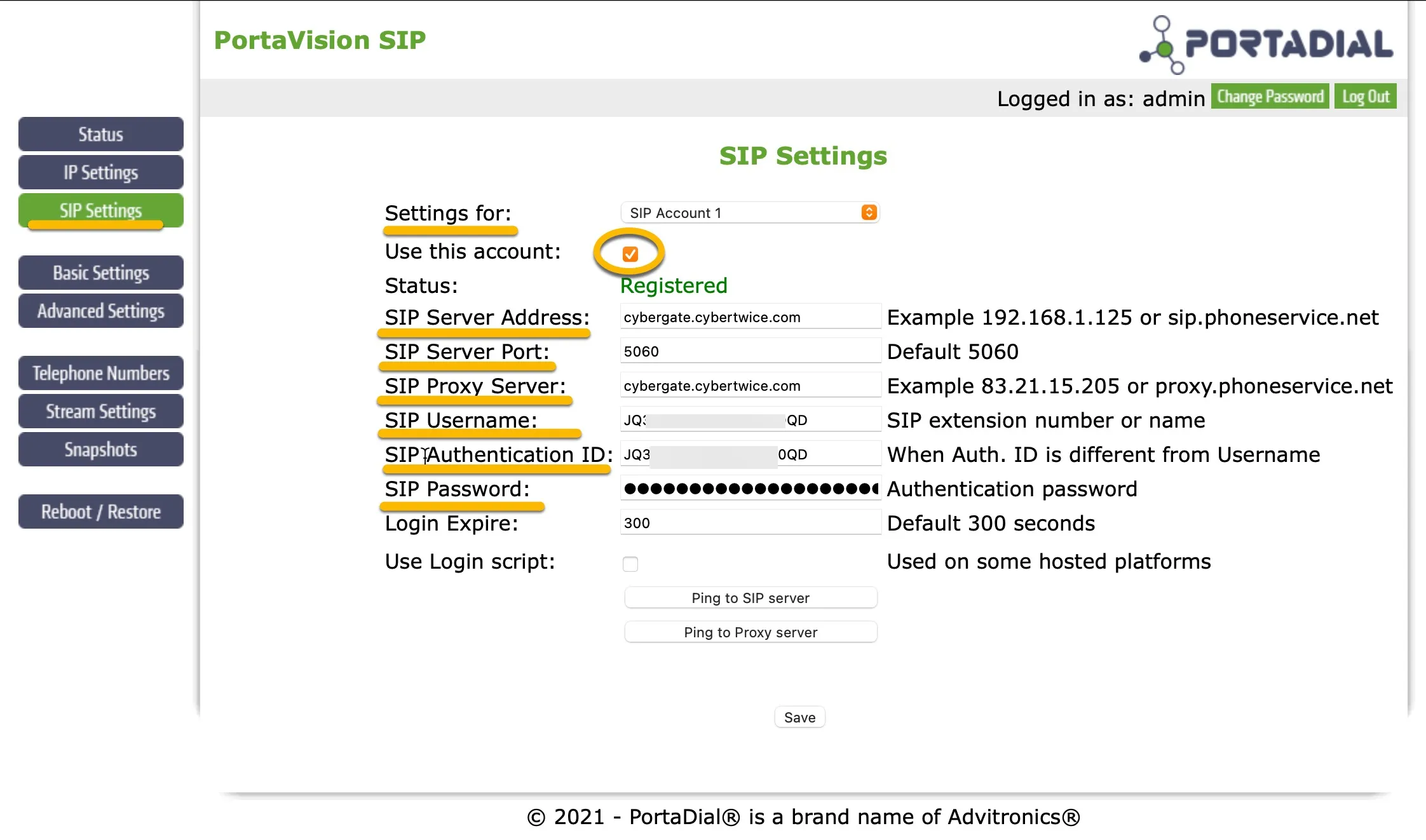 PortaVision SIP  - SIP Settings