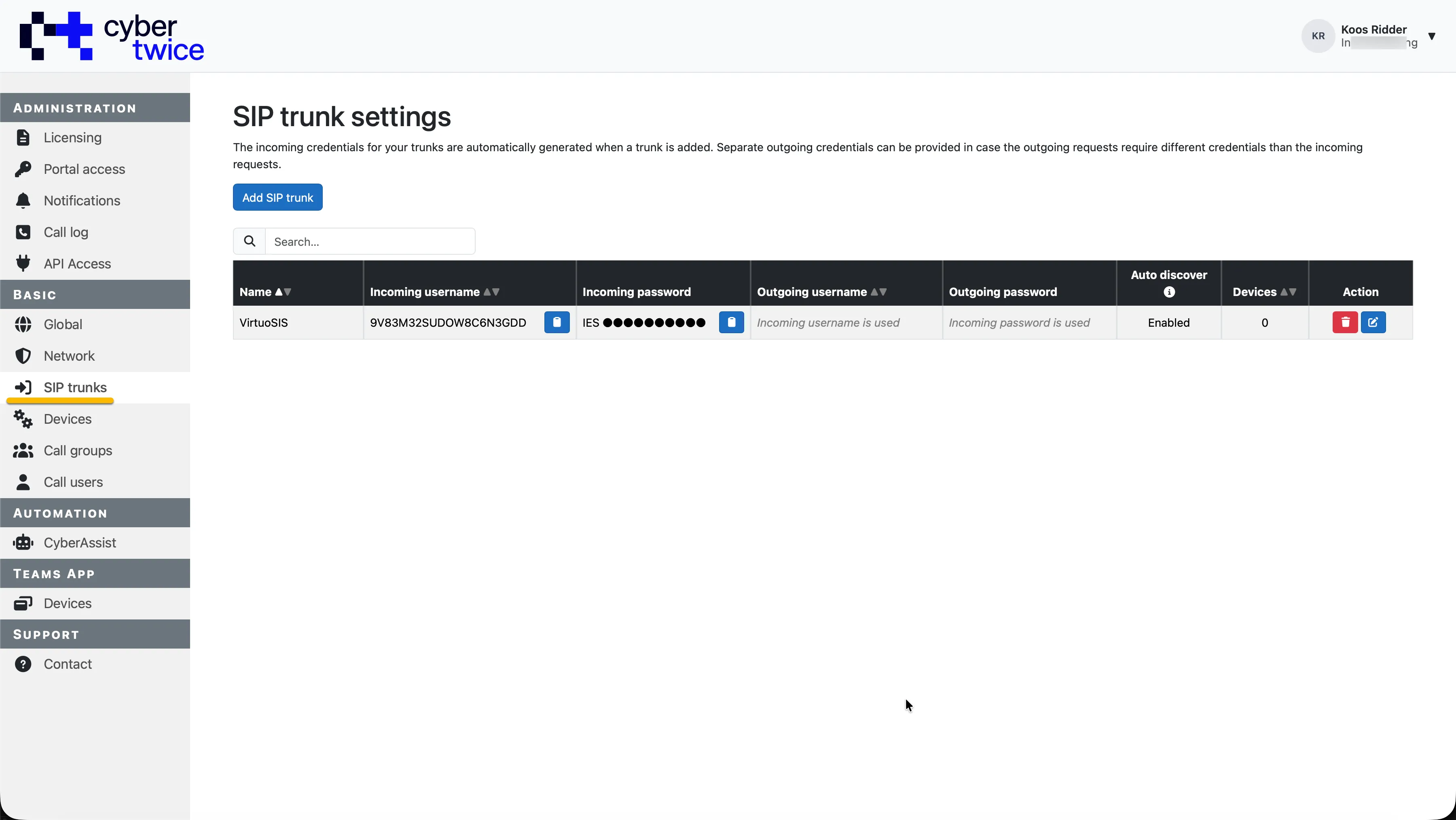 CyberGate Admin portal - Trunk added