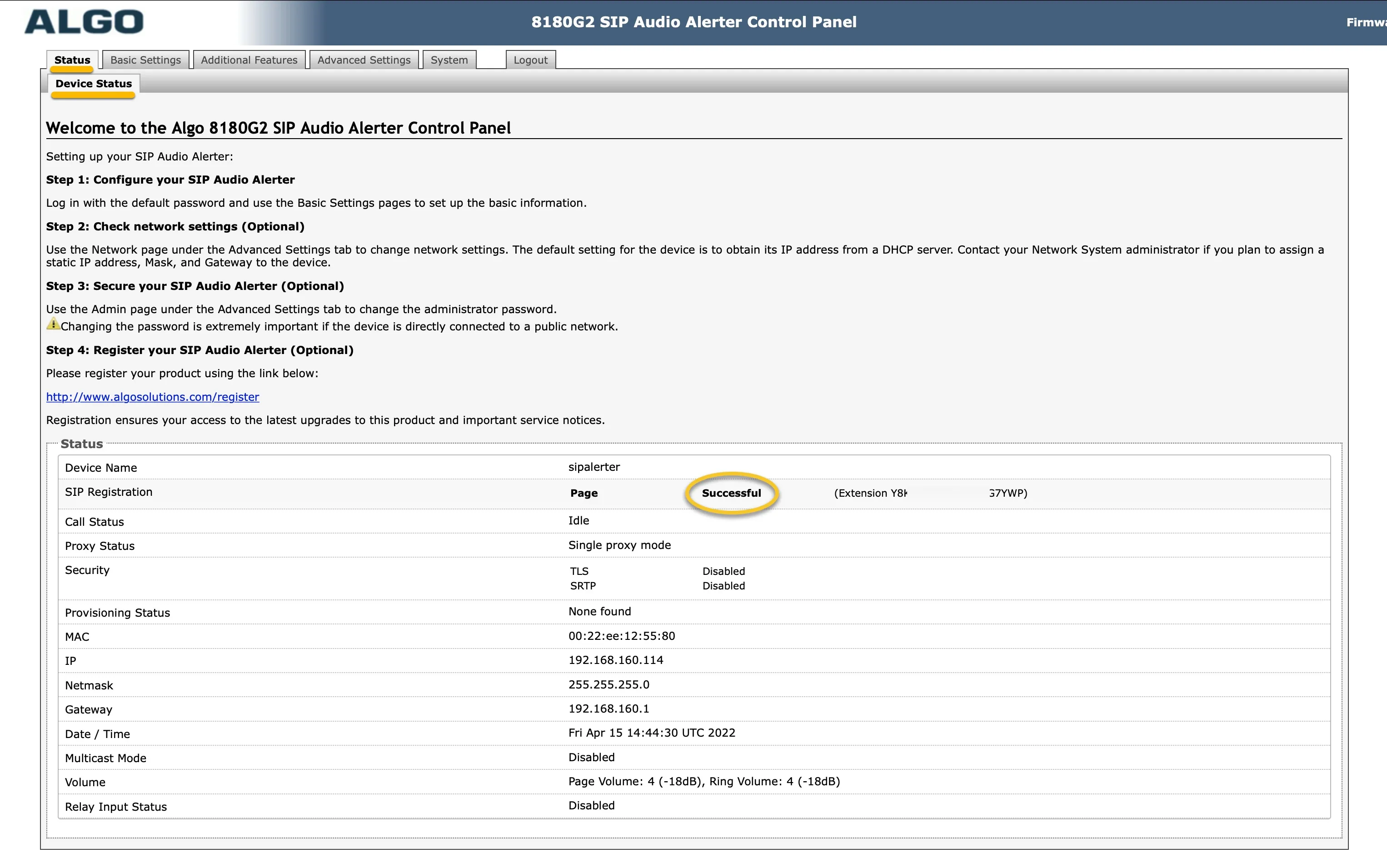 Algo - SIP registration status Algo - SIP registration status