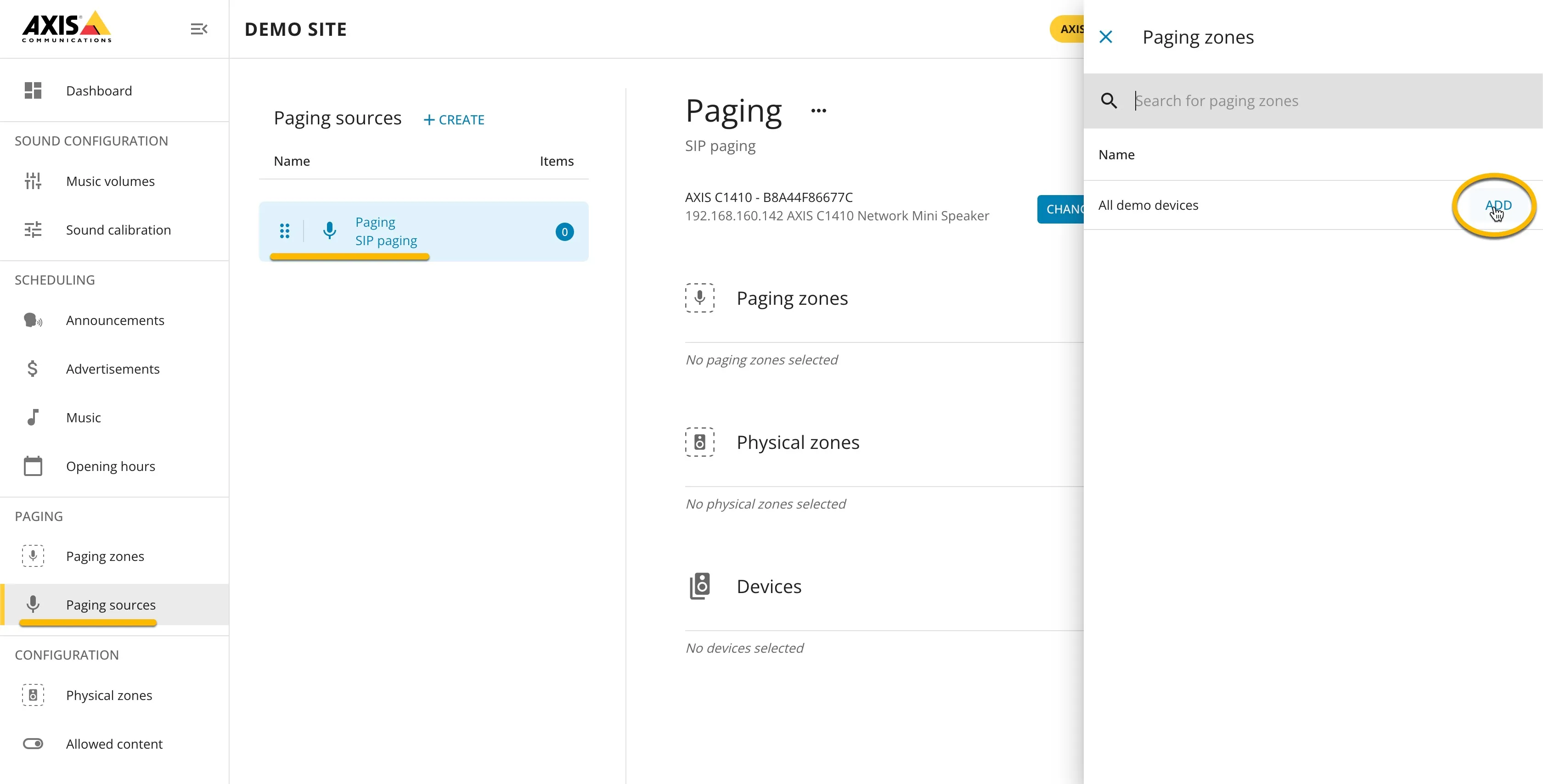 AXIS audio manager Edge - Select Paging zones - Add AXIS audio manager Edge - Select Paging zones - Add
