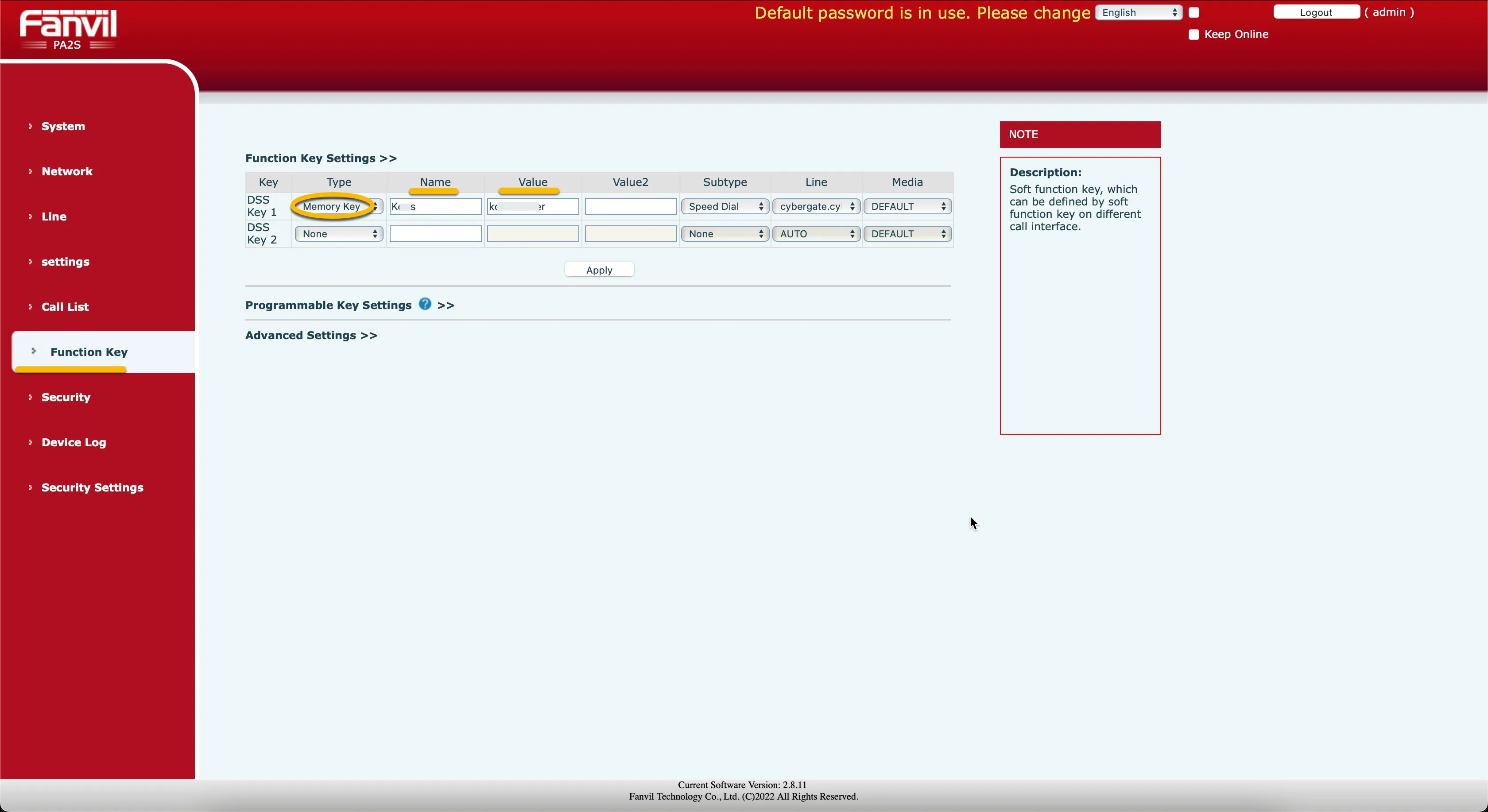 Fanvil – Function key