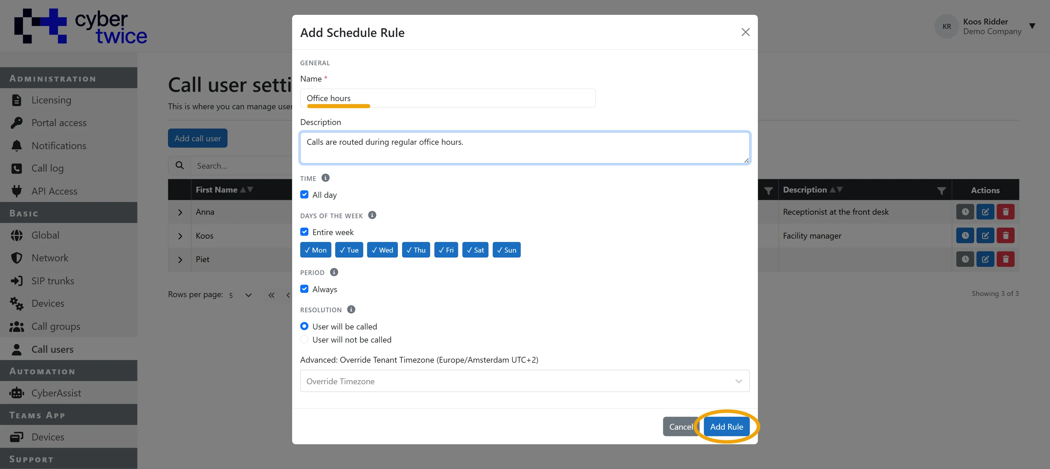 Basic - Call users - Add schedule rule