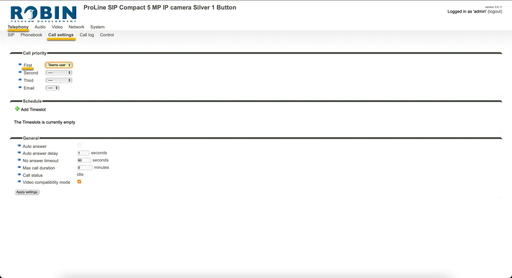 Robin - Telephony - Call settings