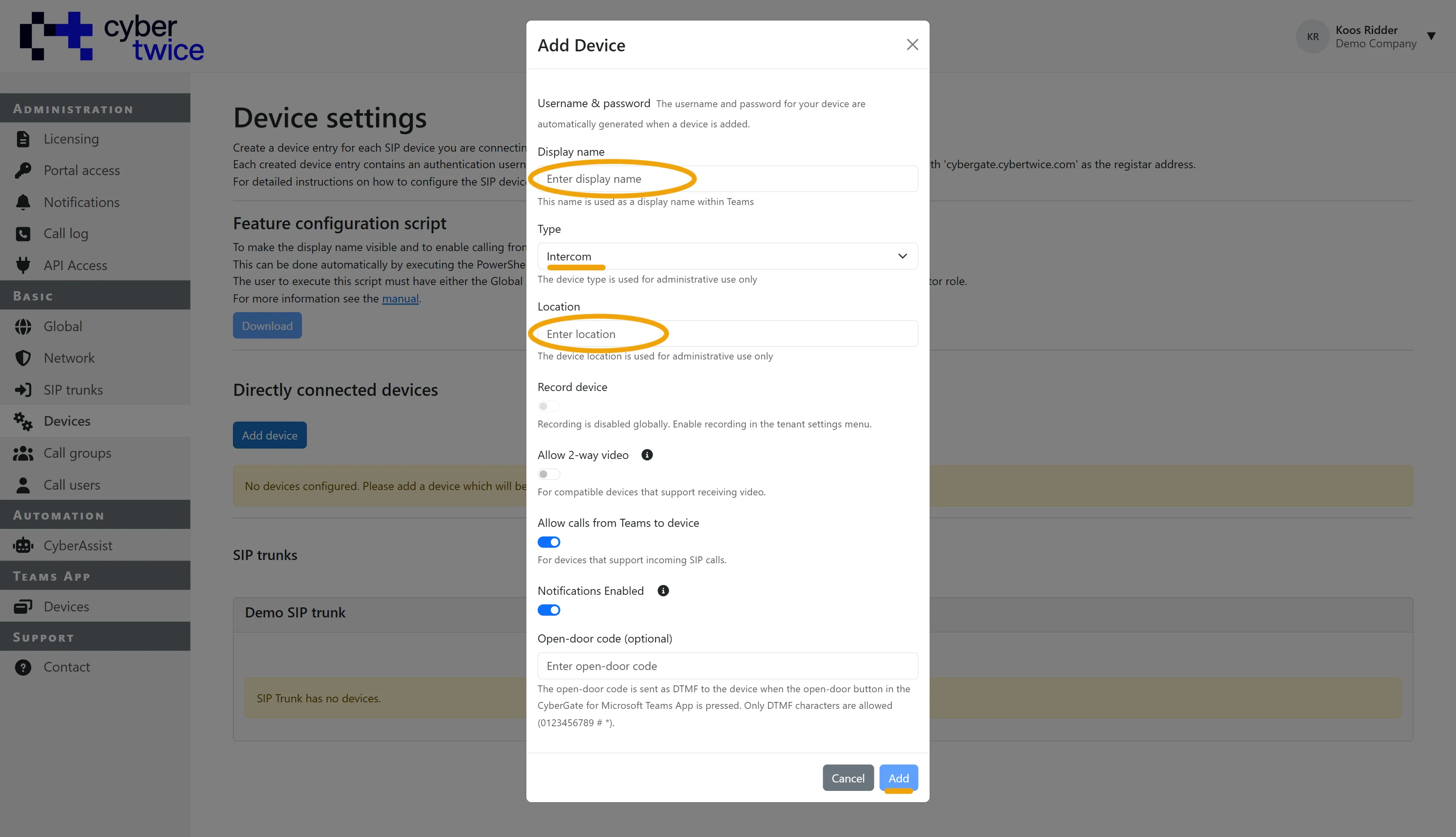 Basic - Devices - Add device, with the Notifications Enabled switch