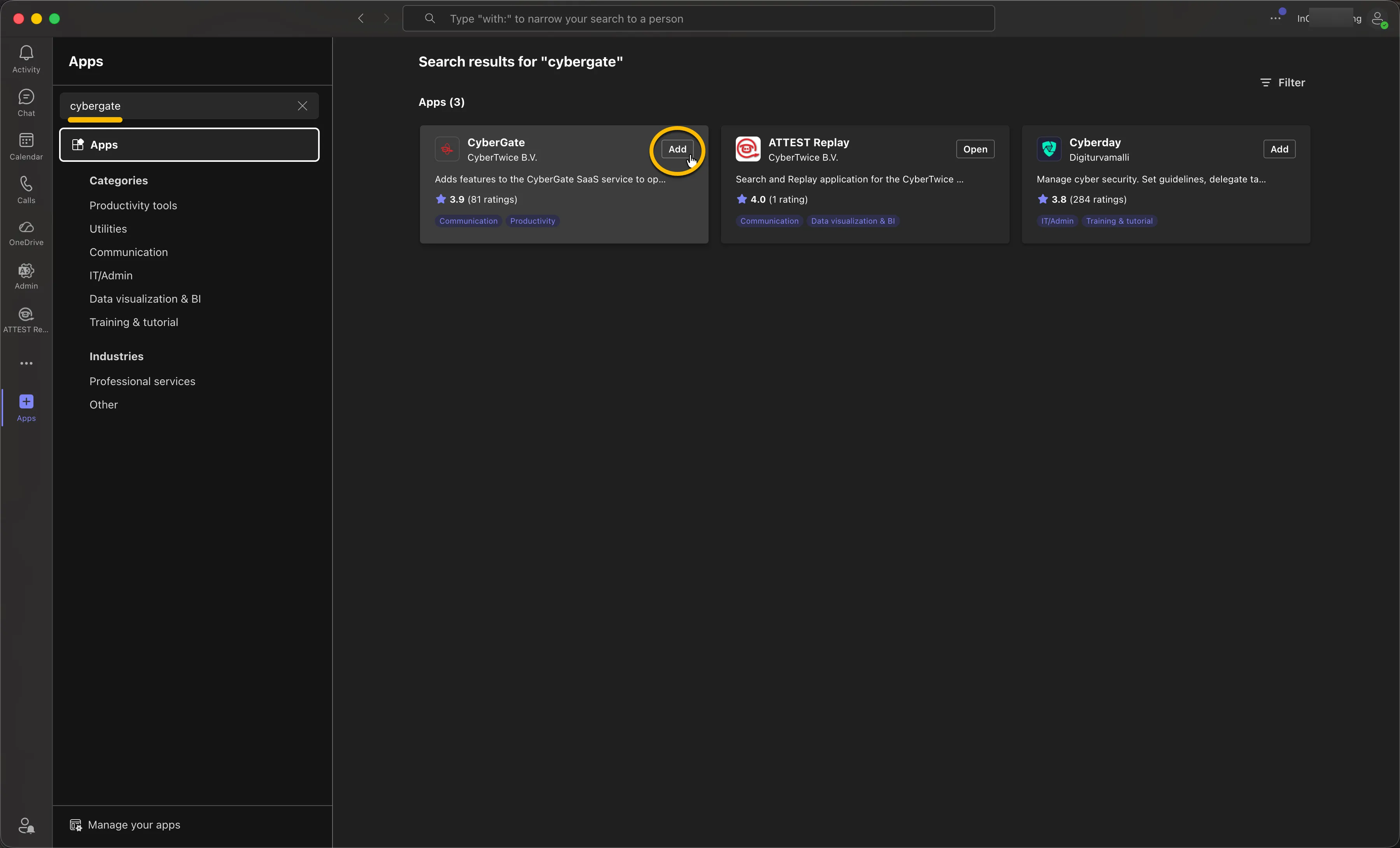 Microsoft Teams - Apps - Search for CyberGate
