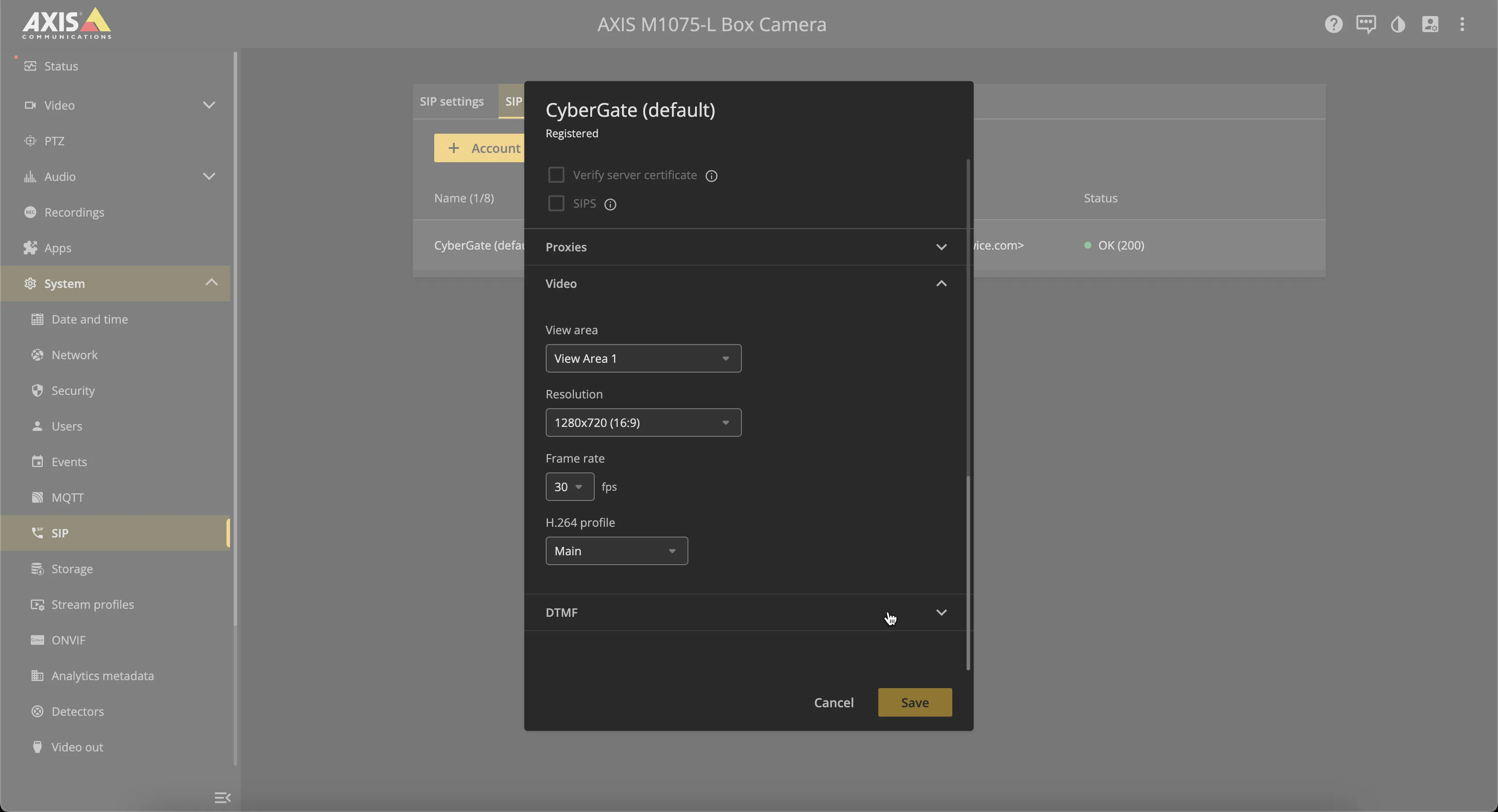 AXIS - SIP configuration Video