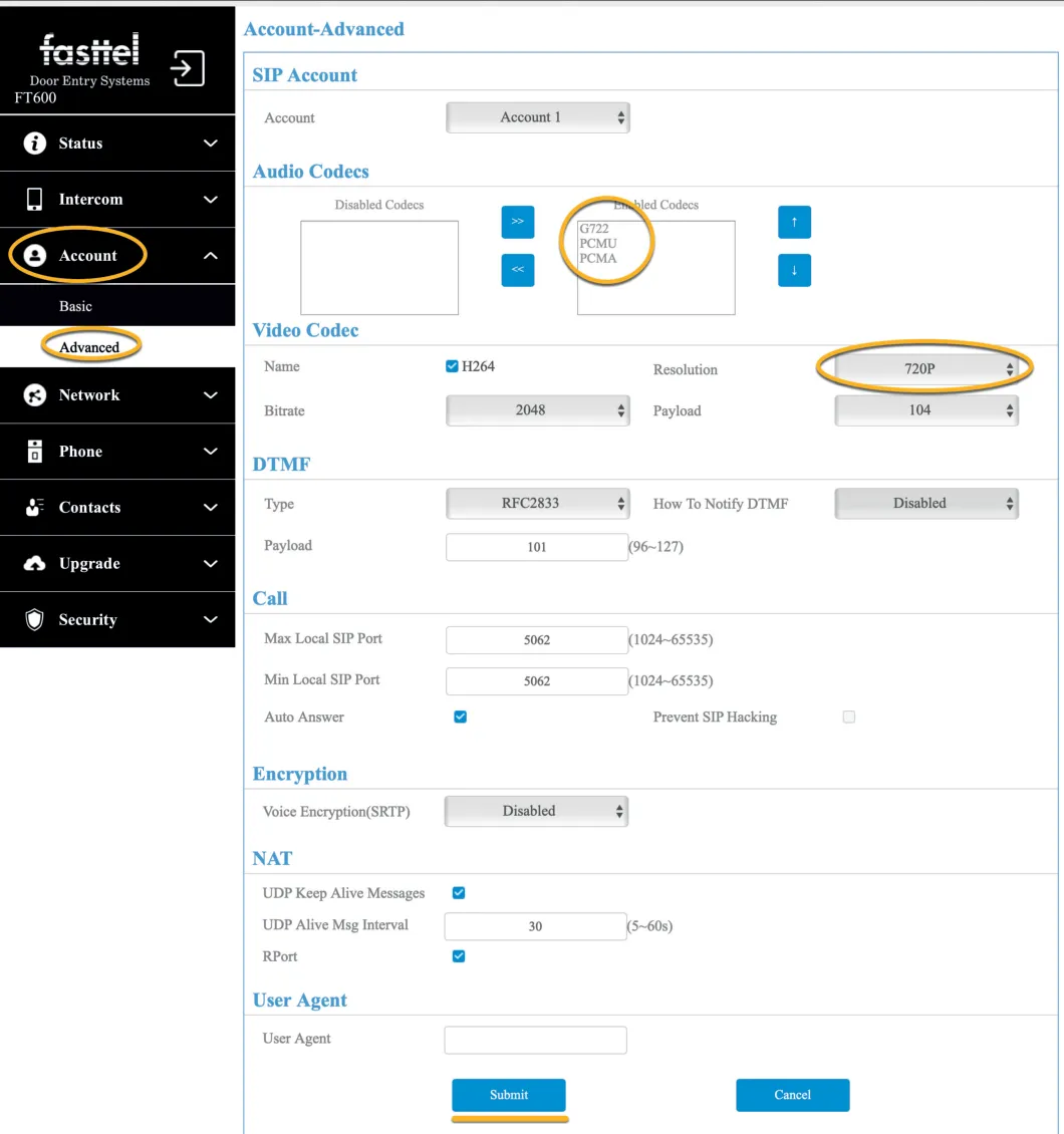 Fasttel FT600 - Account - Advanced