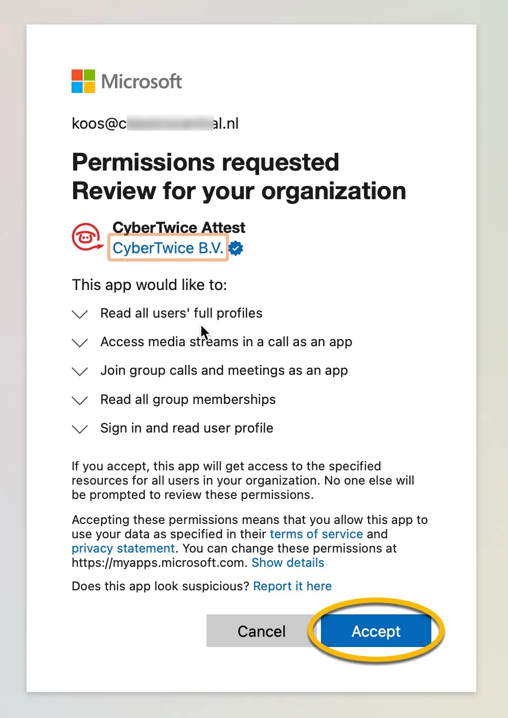 Microsofts ‘Permissions requested’ window