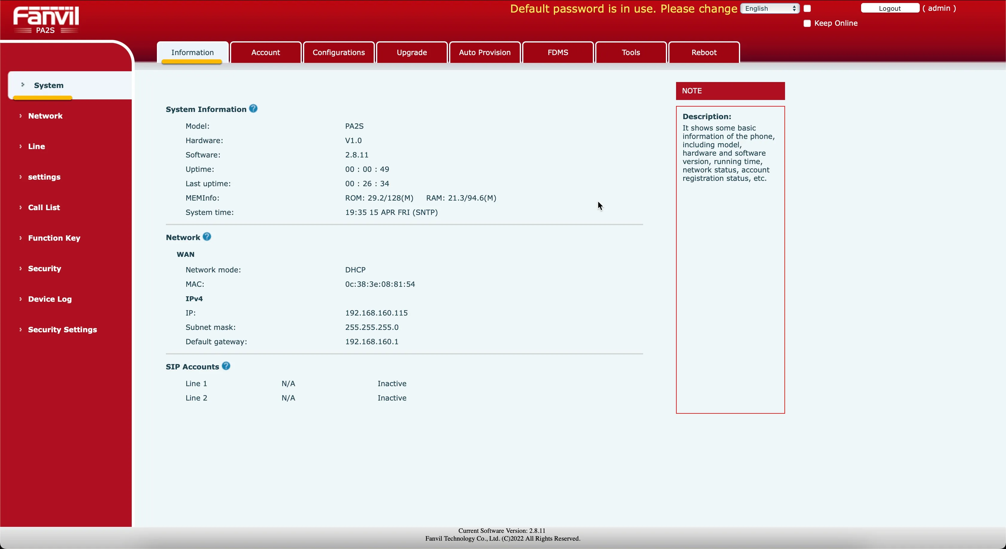 Fanvil – System Information