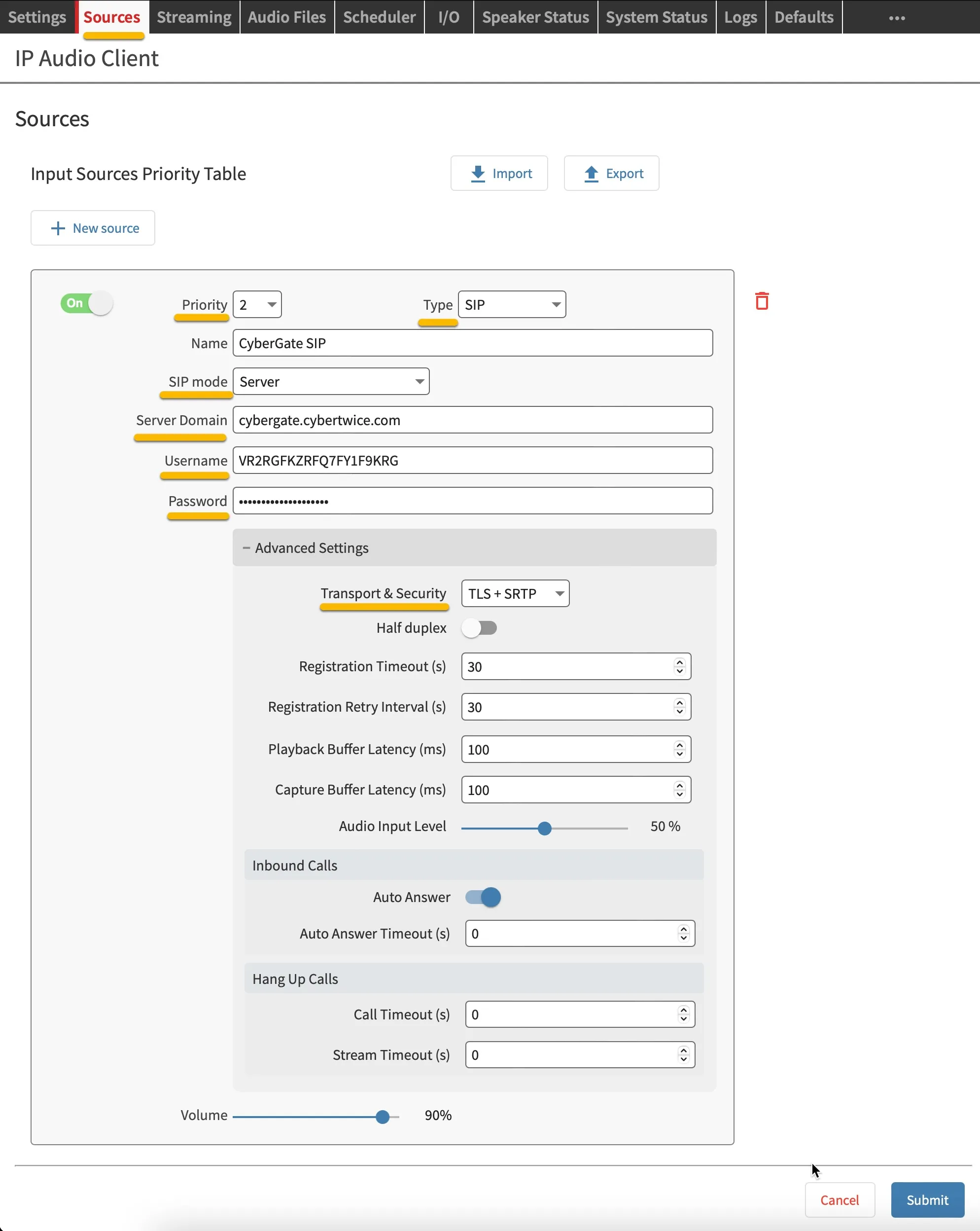 Barix - Sources - Configured