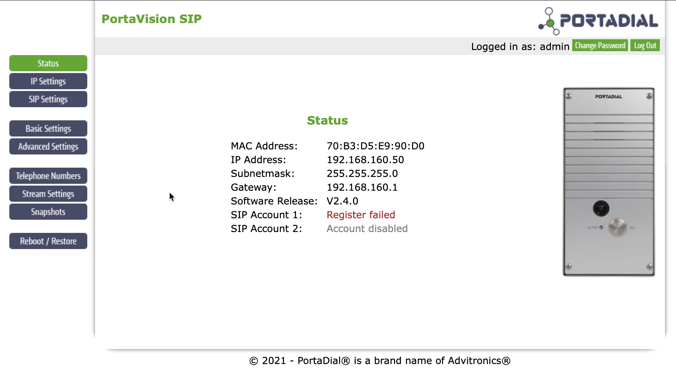 PortaVision SIP  - Status