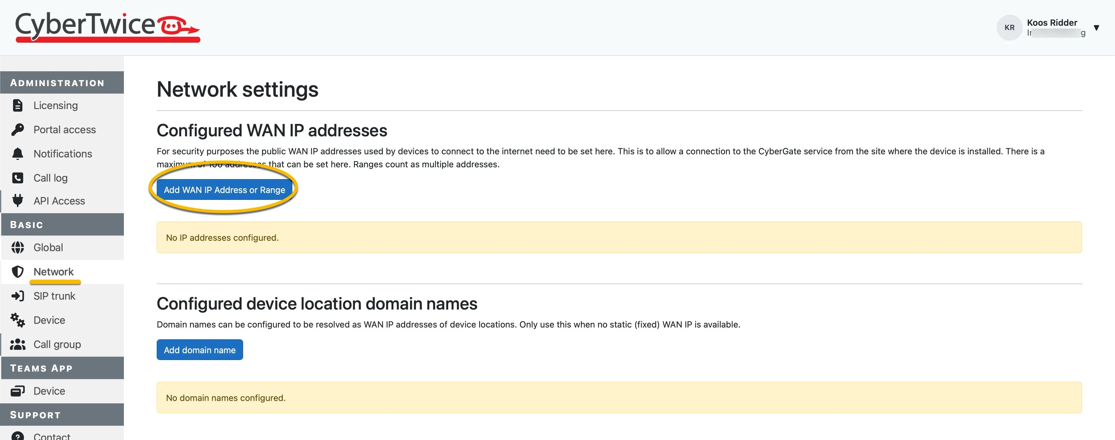 CyberGate management portal ‘Network’ - No WAN IP address configured yet