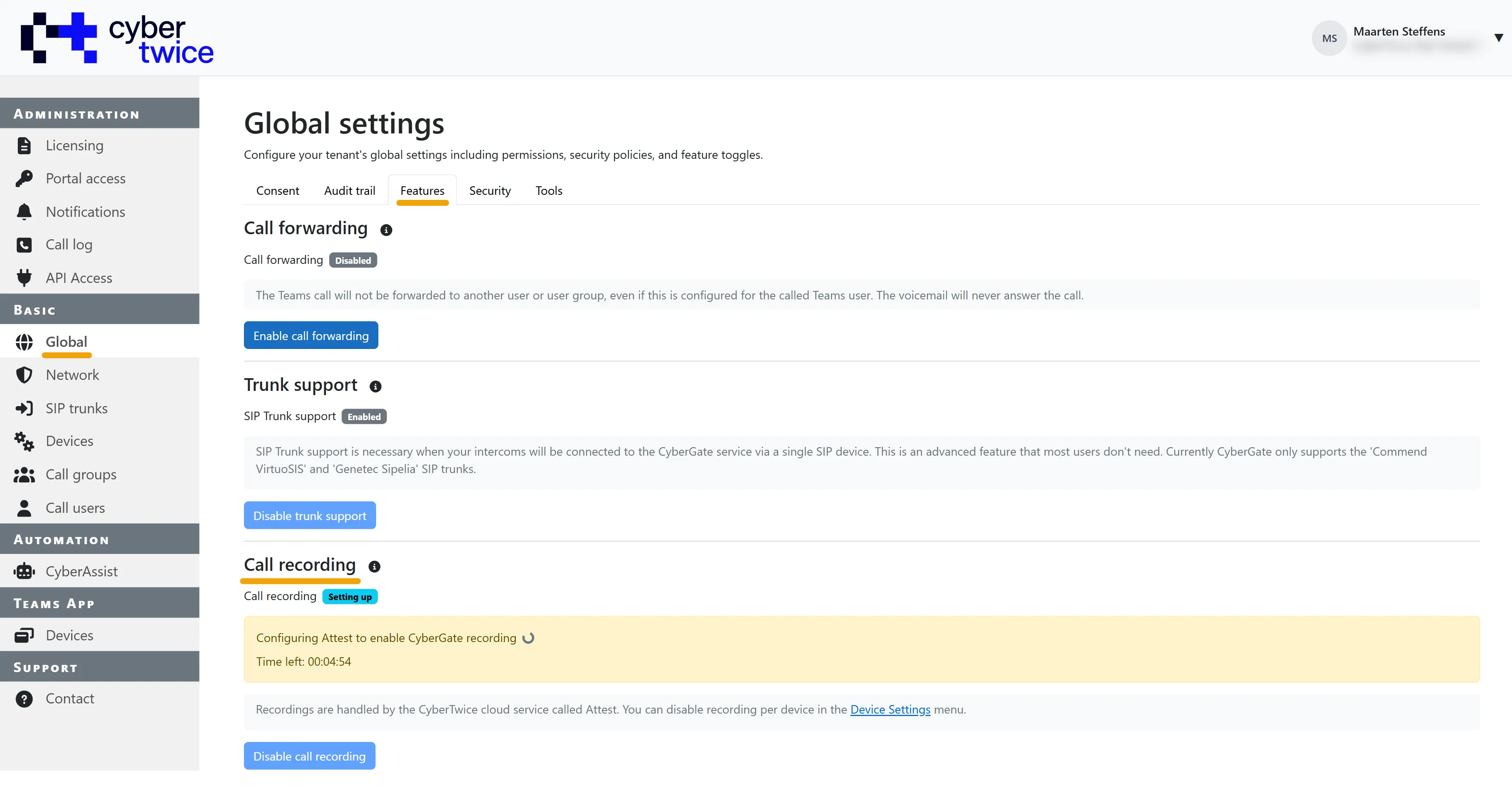 Basic - Global - Features - Call recording being enabled