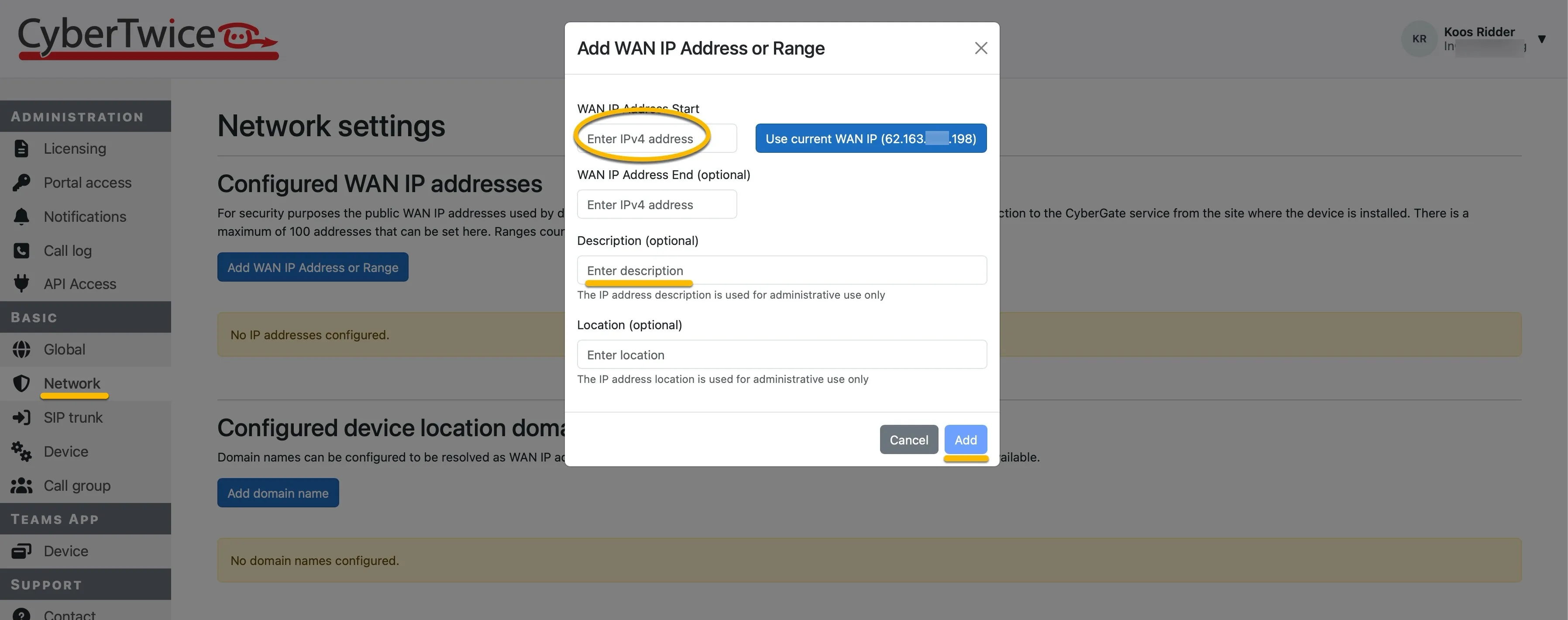 CyberGate management portal ‘Network’ - Add WAN IP address or Range
