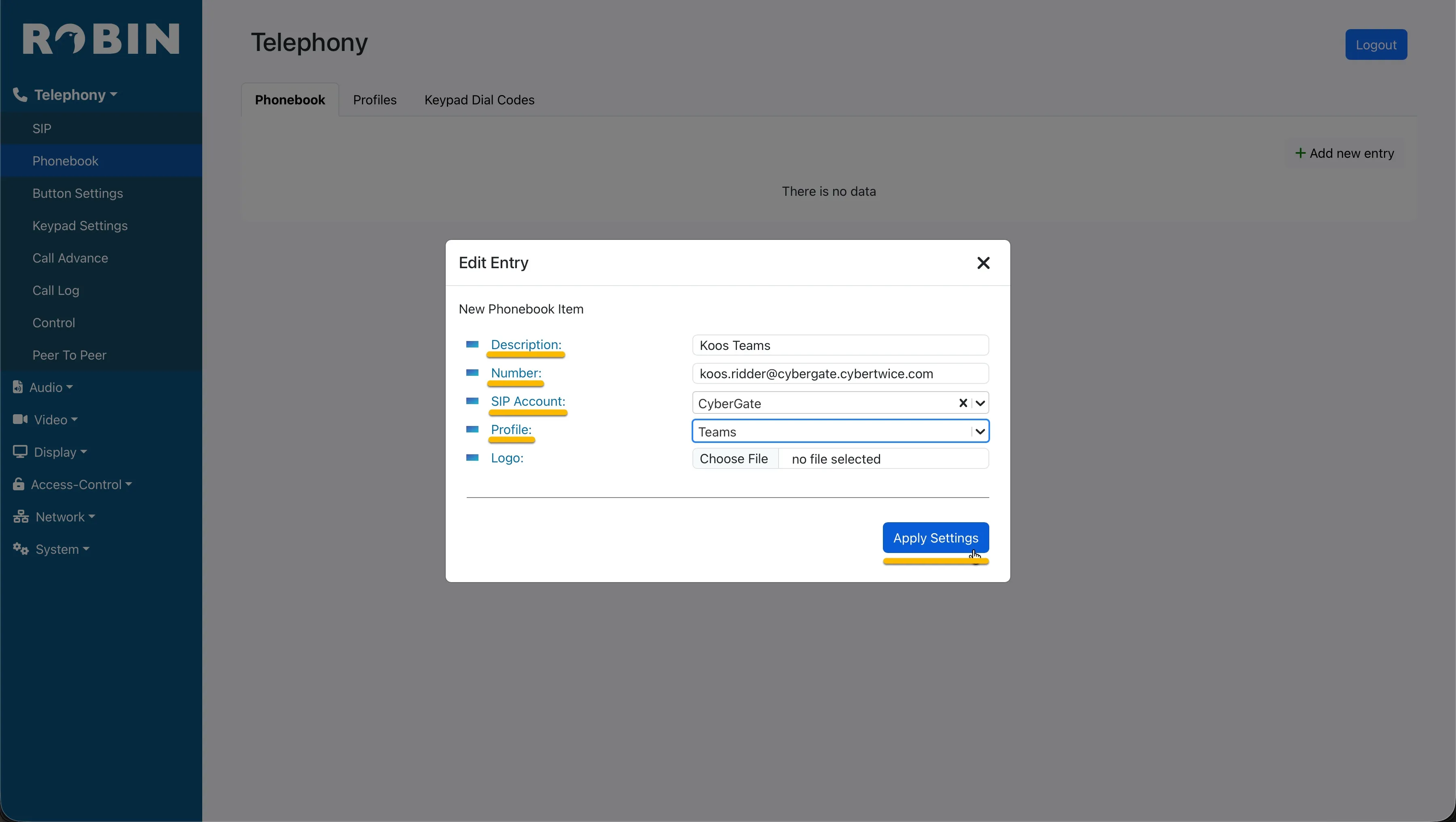 Robin - Telephony - Add entry