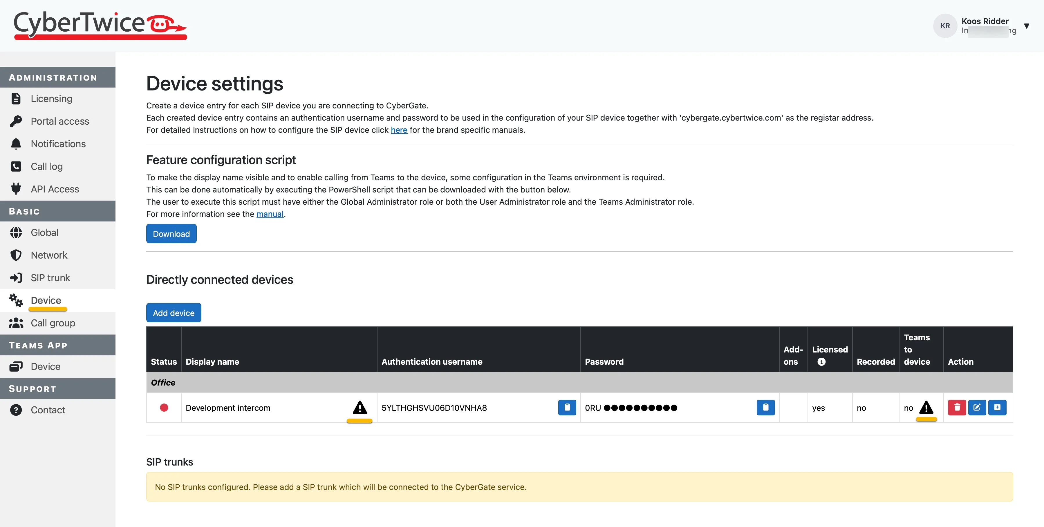 CyberGate management portal ‘Device’ - ‘Device added’