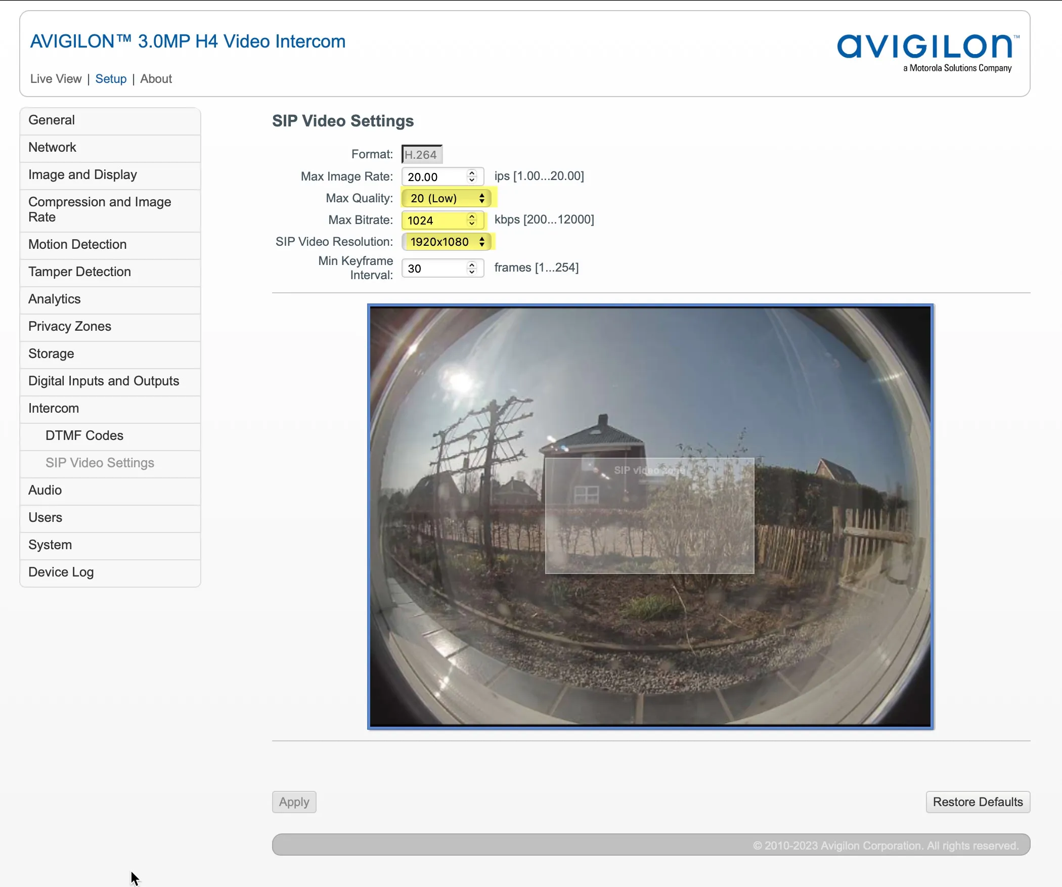 Avigilon - SIP Video Settings