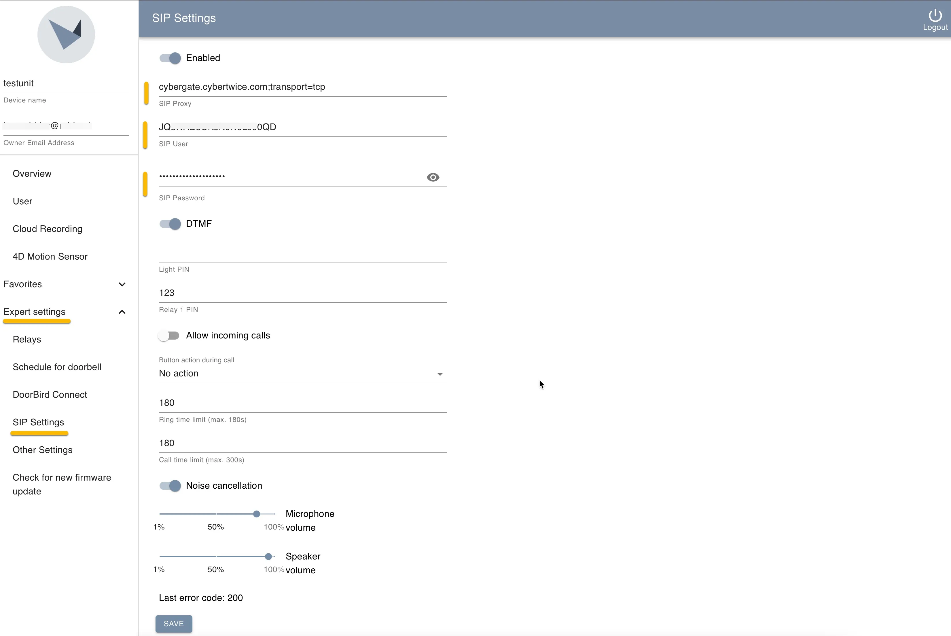 Doorbird - SIP settings