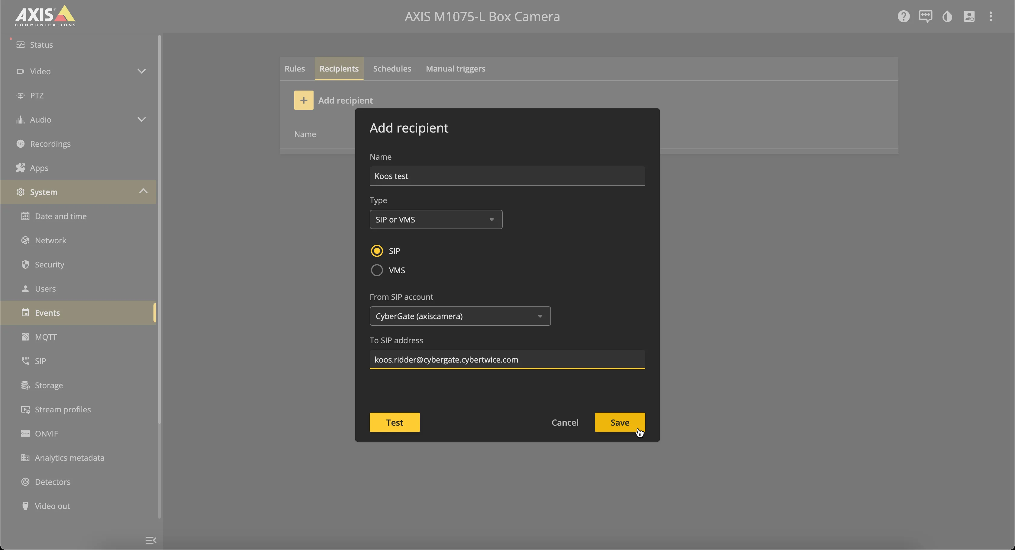 AXIS - System - Events - Recipients - Add Recipients