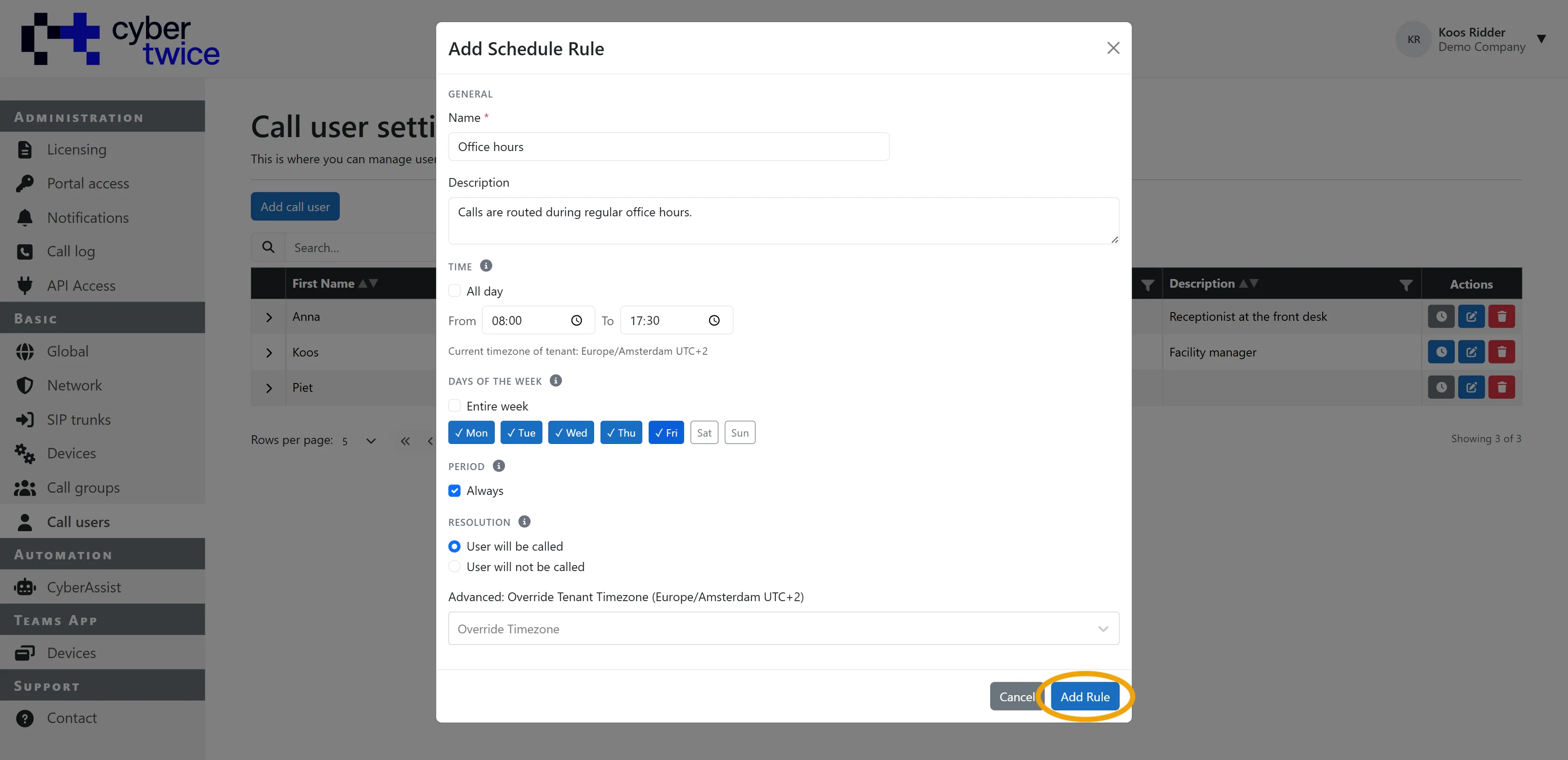Basic - Call users - Rule for office hours