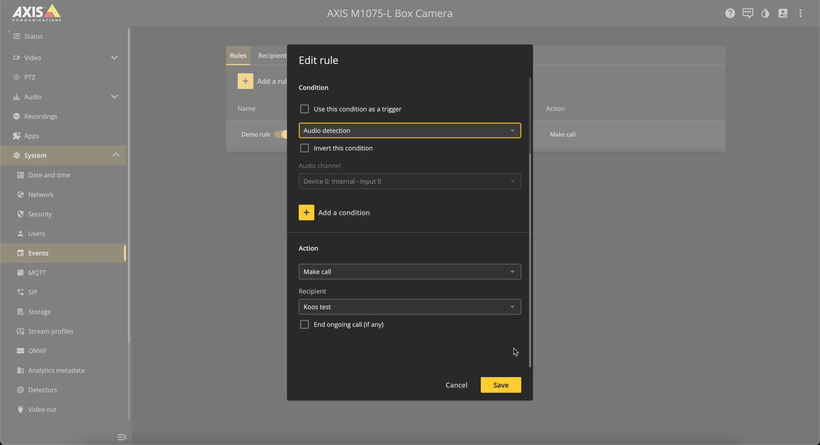 AXIS - System - Events - Rules - Add Rule