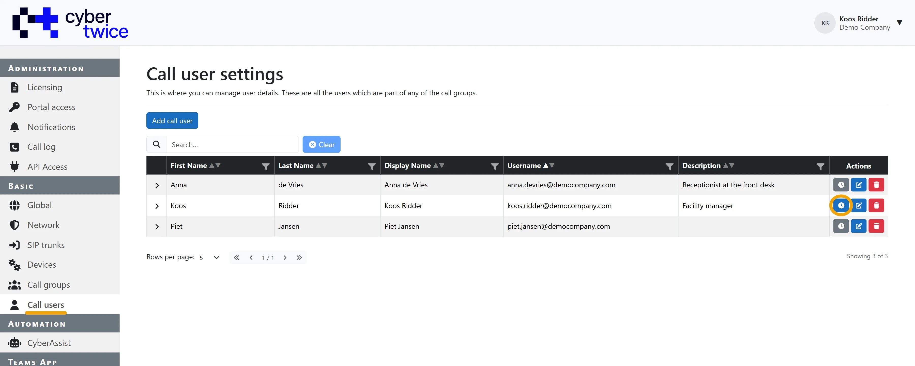Basic - Call users - Schedule button