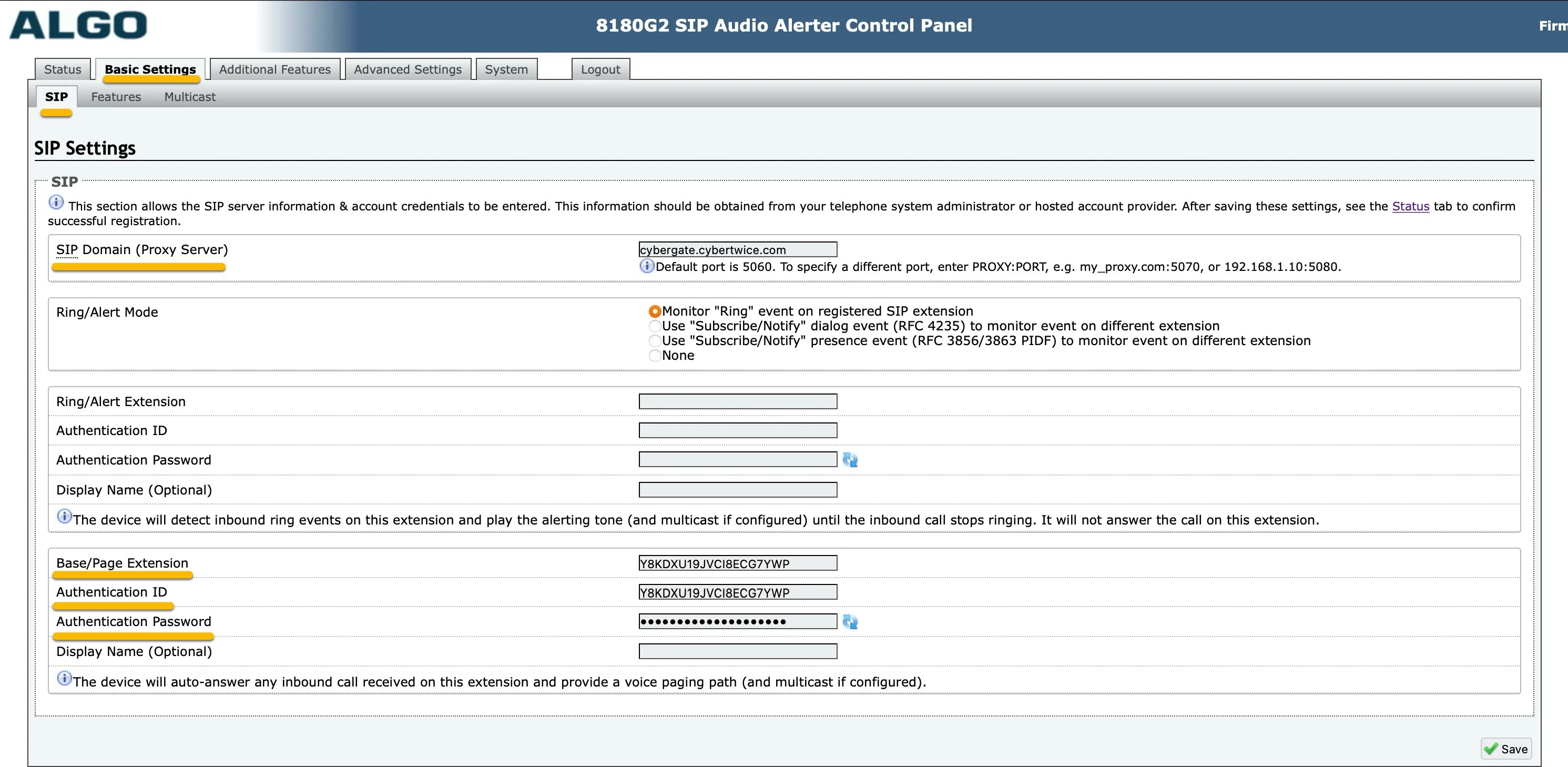 Algo - SIP settings Algo - SIP settings